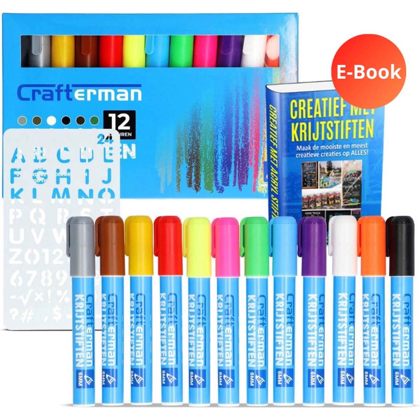Krijtstiften - Raamstiften - glasstiften - whiteboard / krijtbord stiften - markers - 12 stuks - met stencil & e-Book Essntials | Webshoplocatie.nl