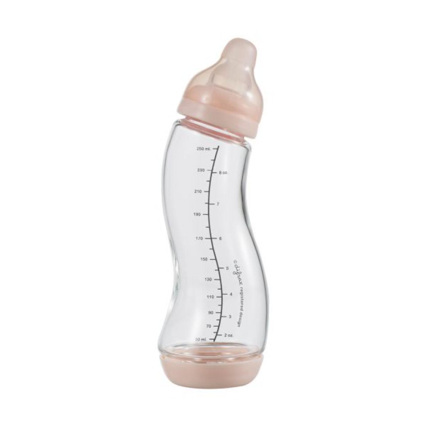 S-Fles Glas Roze baby fles roze van glas in s vorm met maatverdeling op fles en speen transparant erop schroefdop onderin