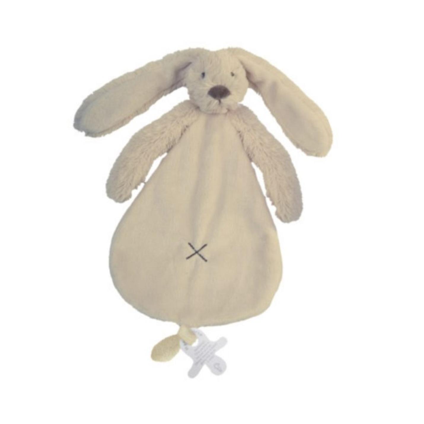 Knuffeldoekje Rabbit Richie Beige is een stoffenf plat goed doekje in vorm van peer met konijnkopje erbovenop lange oren en armpjes onder het hoofdje met onderaan lus voor speen