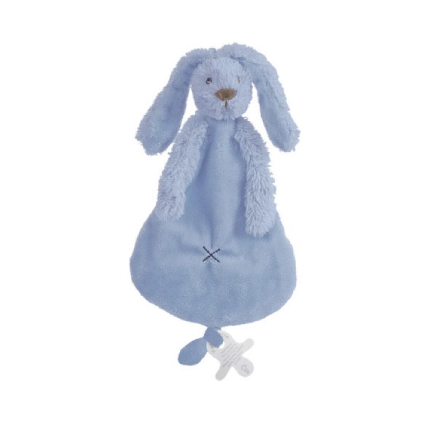 Knuffeldoekje Rabbit Richie Blue is een stoffenf plat goed doekje in vorm van peer met konijnkopje erbovenop lange oren en armpjes onder het hoofdje met onderaan lus voor speen