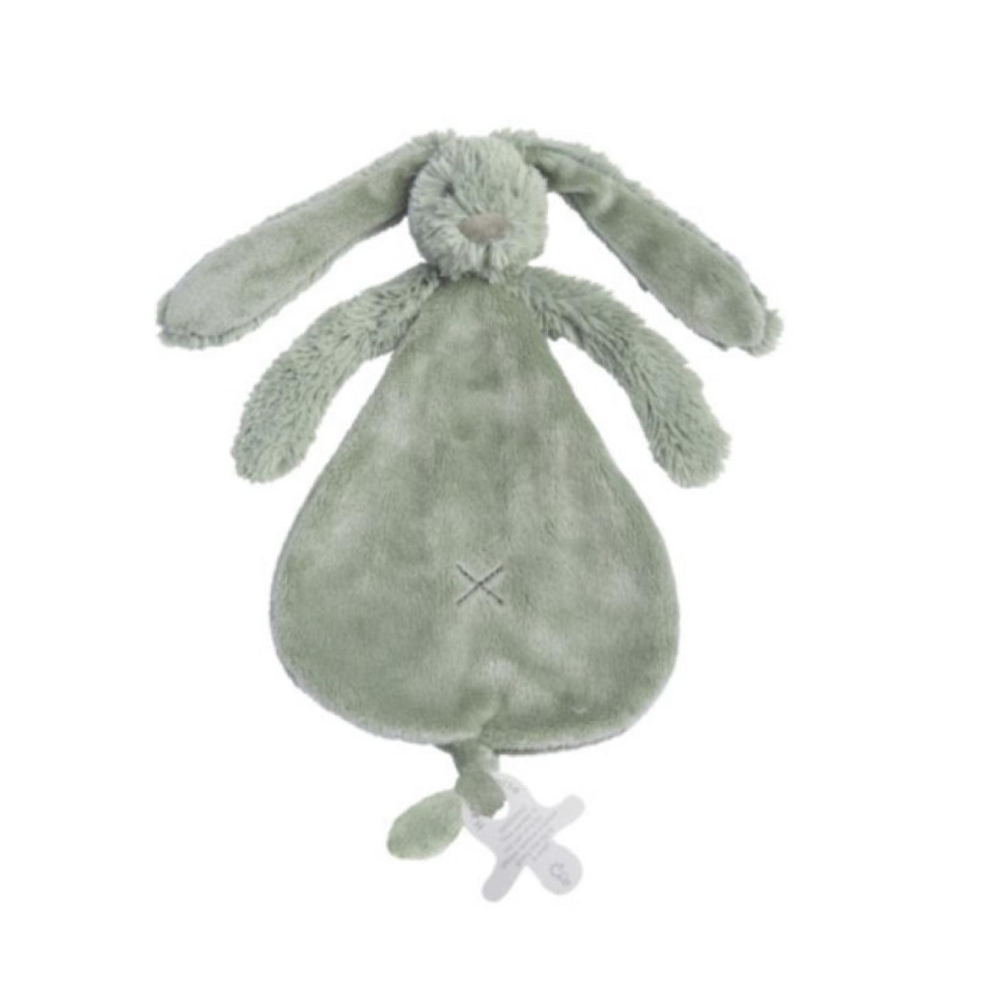 Knuffeldoekje Rabbit Riche Green is een stoffenf plat goed doekje in vorm van peer met konijnkopje erbovenop lange oren en armpjes onder het hoofdje met onderaan lus voor speen