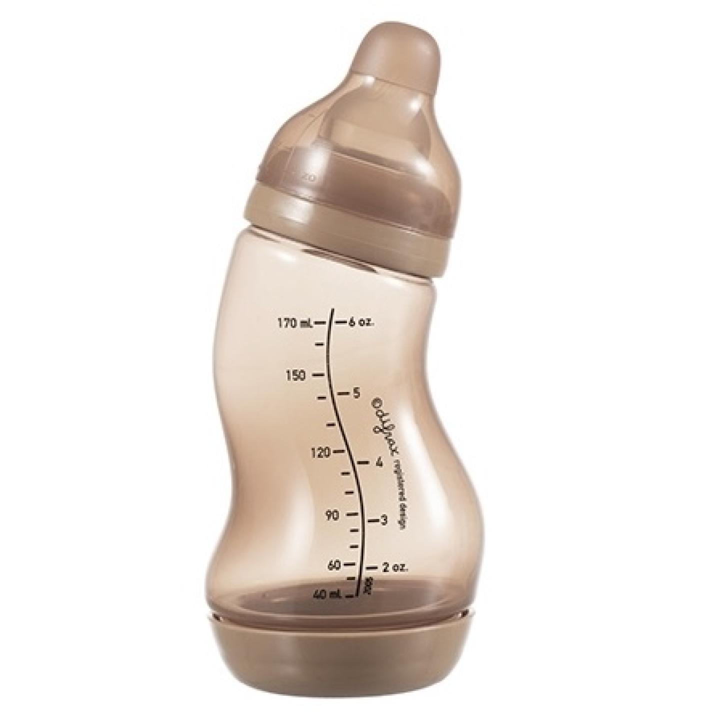 S-Fles Bruin baby fles bruin in s vorm met maatverdeling op fles en speen transparant erop schroefdop onderin