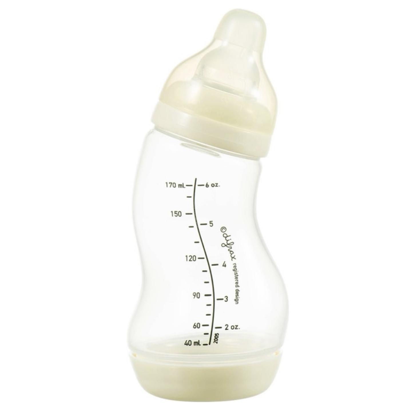 S-Fles Crème baby fles crème in s vorm met maatverdeling op fles en speen transparant erop schroefdop onderin