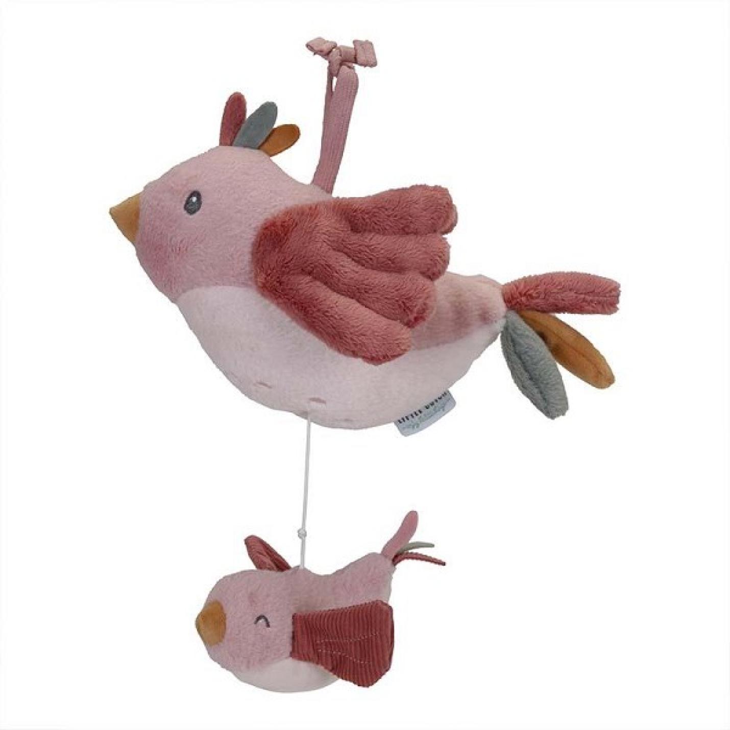 Muziekdoosje roze vogel met gekleurde veren op kop en staart met een kleine roze vogel aan draad onder de grote vogel
