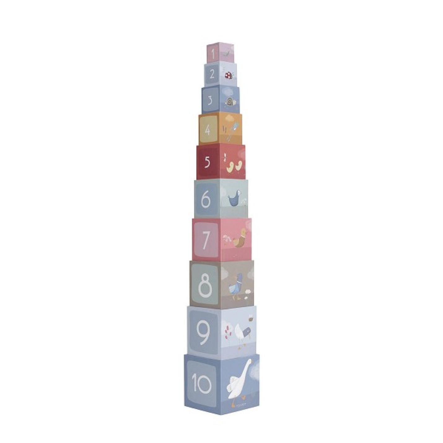 Stapelblokken Gans Little Dutch 7 kartonnen kubussen die in elkaar passen kleur blauw, groen, grijs rood afbeeldingen van ganzen erop
