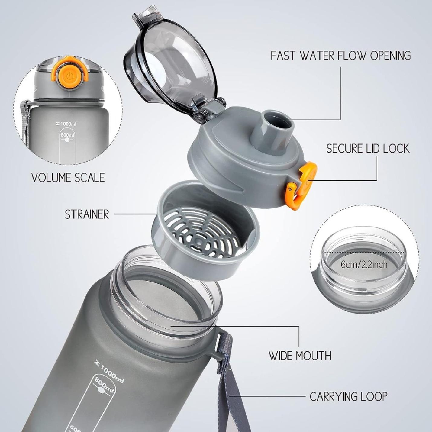 Exploded view-diagram met de kenmerken van een 1-liter waterfles voor sport, school en buitenactiviteiten, inclusief een volumeschaal, zeef, veilige dekselvergrendeling, brede mond en draaglus.