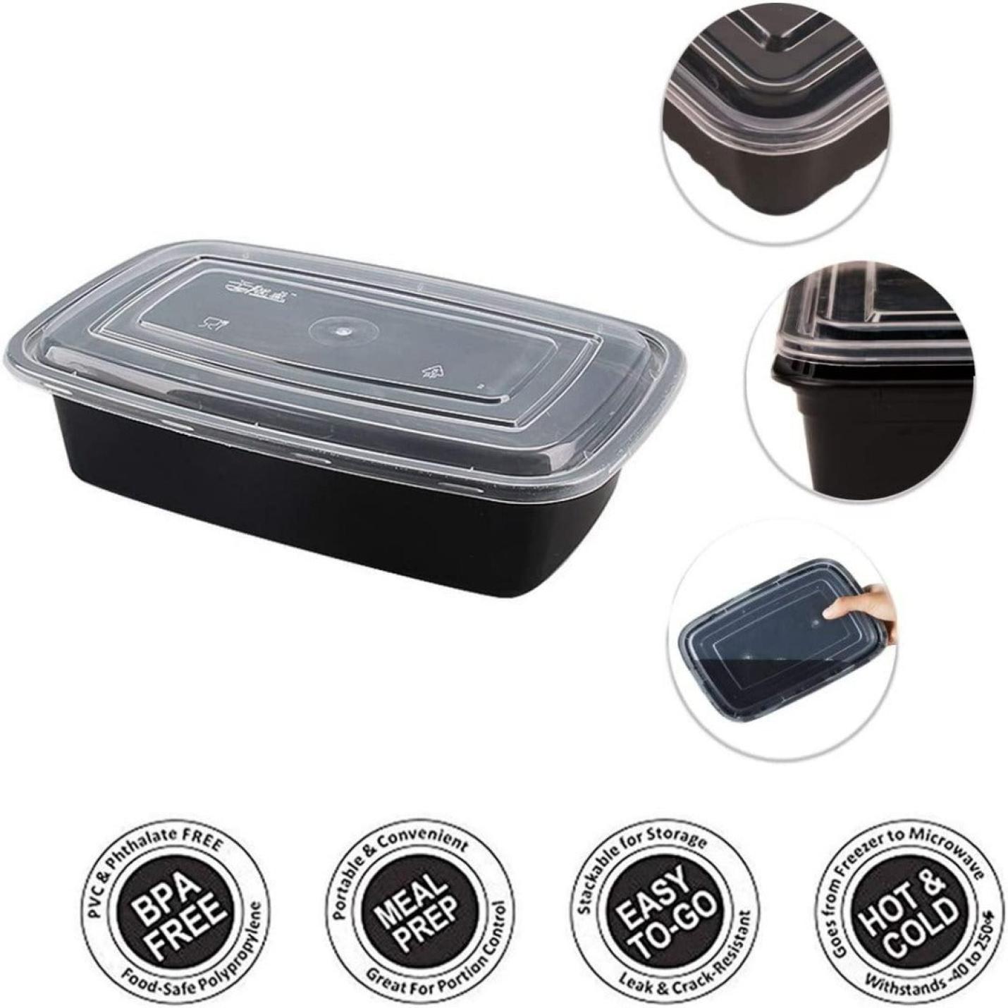 Een set van zwarte, stapelbare meal prep bakjes met lekvrije deksels, geadverteerd als bpa-vrij, magnetron-