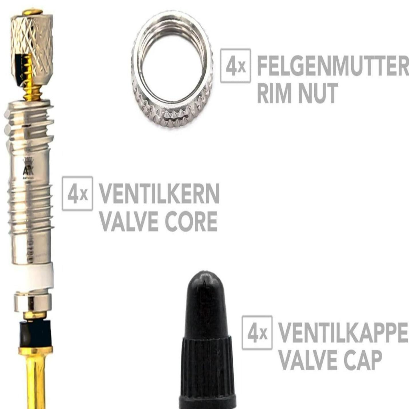 Een display met verschillende ventielcomponenten die compatibel zijn met alle fietsen, waaronder vier ventielkernen, een velgmoer en vier Presta ventielvervangingssetdoppen, met labels in zowel het Duits als het Engels.