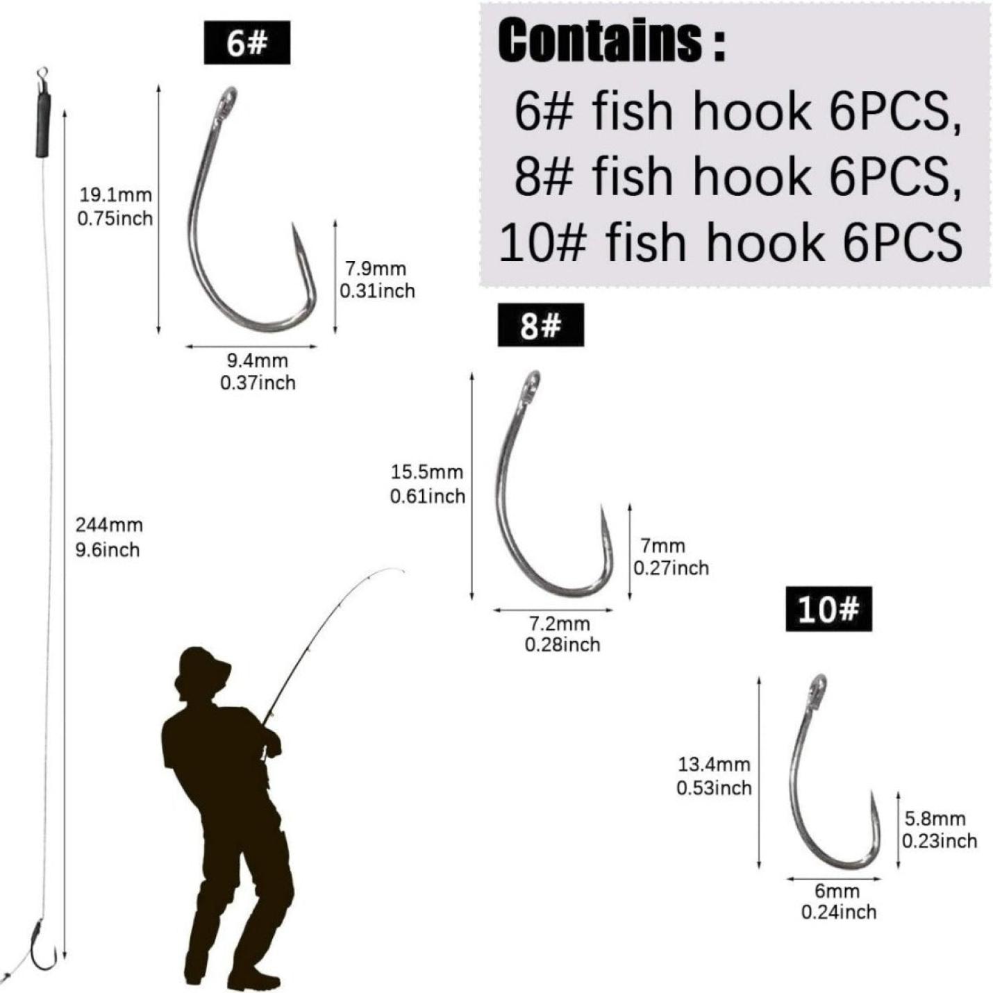Illustratie van verschillende karperhaken visaccessoires en een hengel met gedetailleerde afmetingen en aantallen, gelabeld voor de maten 6#, 8# en 10#.