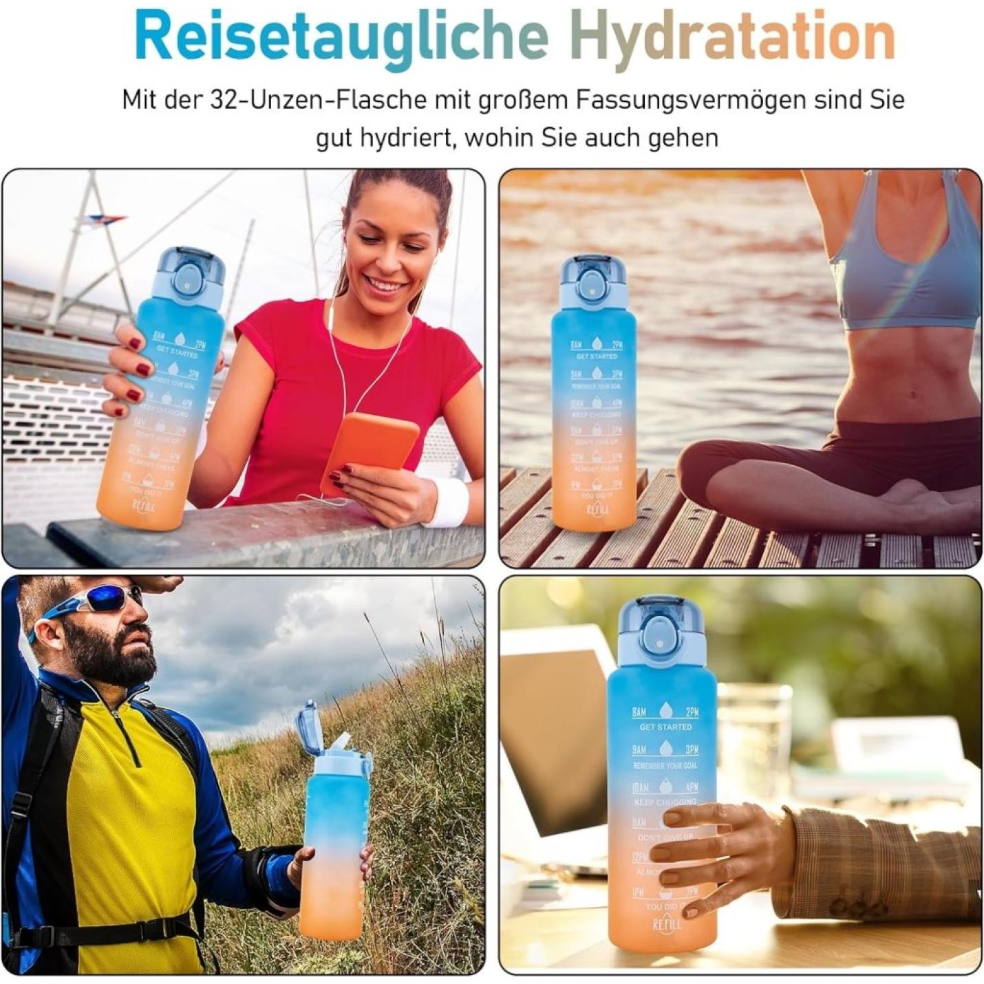 1L Drinkfles, Sport Drinkfles-[BPA-vrije Tritan], 1000ml Motiverende Waterfles met Rietje en Tijdstempel - Lekvrije Fles voor Fietsen, Kamperen, Sportschool - happygetfit.com