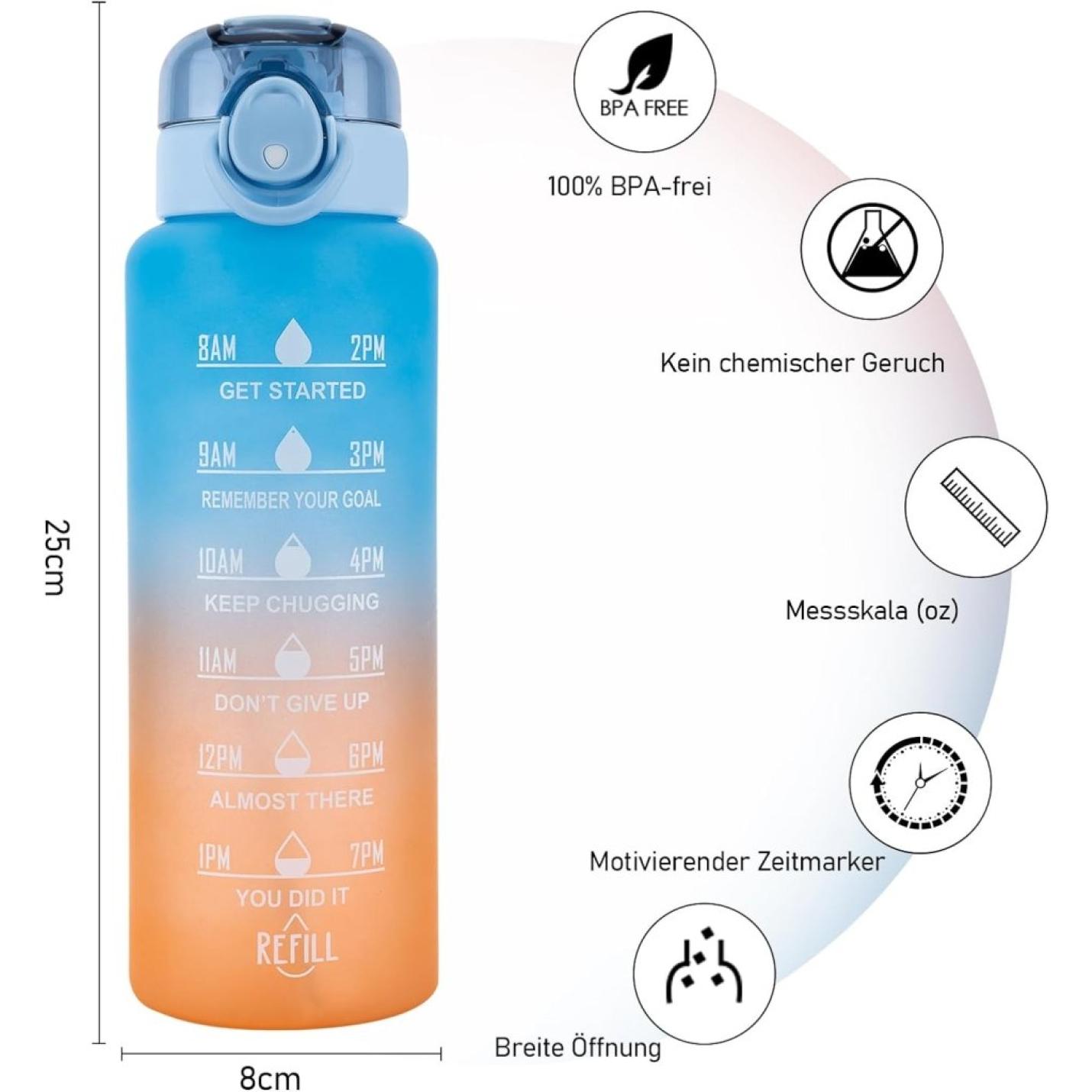 1L Drinkfles, Sport Drinkfles-[BPA-vrije Tritan], 1000ml Motiverende Waterfles met Rietje en Tijdstempel - Lekvrije Fles voor Fietsen, Kamperen, Sportschool - happygetfit.com