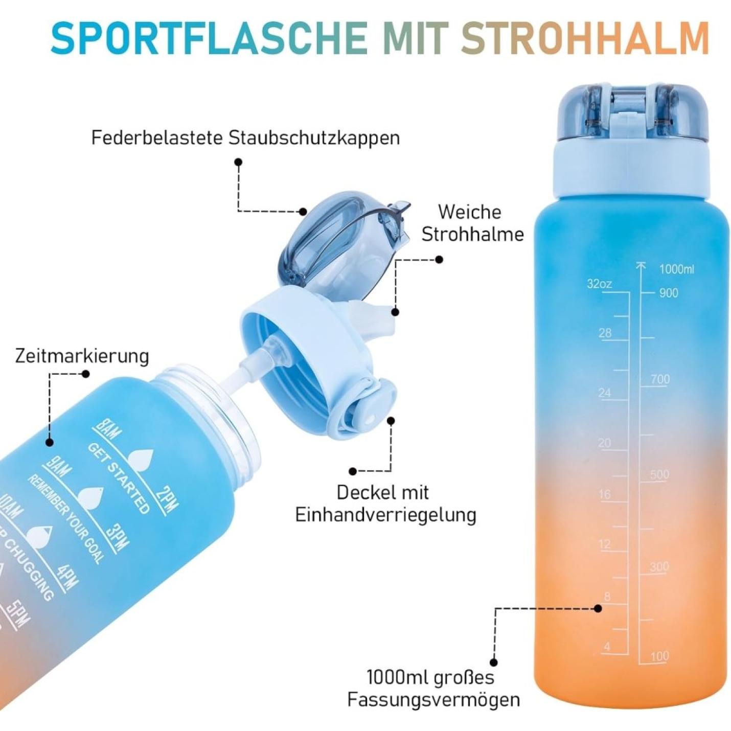 1L Drinkfles, Sport Drinkfles-[BPA-vrije Tritan], 1000ml Motiverende Waterfles met Rietje en Tijdstempel - Lekvrije Fles voor Fietsen, Kamperen, Sportschool - happygetfit.com