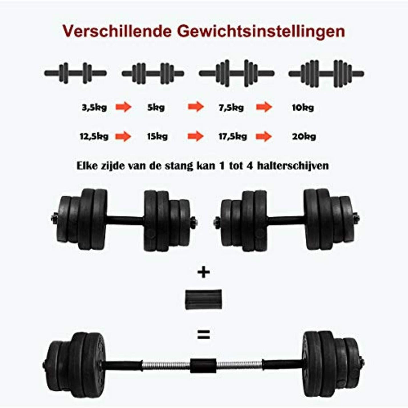 Beschrijving: Bespaar ruimte en geld met onze verstelbare dumbells met verschillende gewichtsconfiguraties, variërend van 3,5 kg tot 20 kg voor thuisfitness.