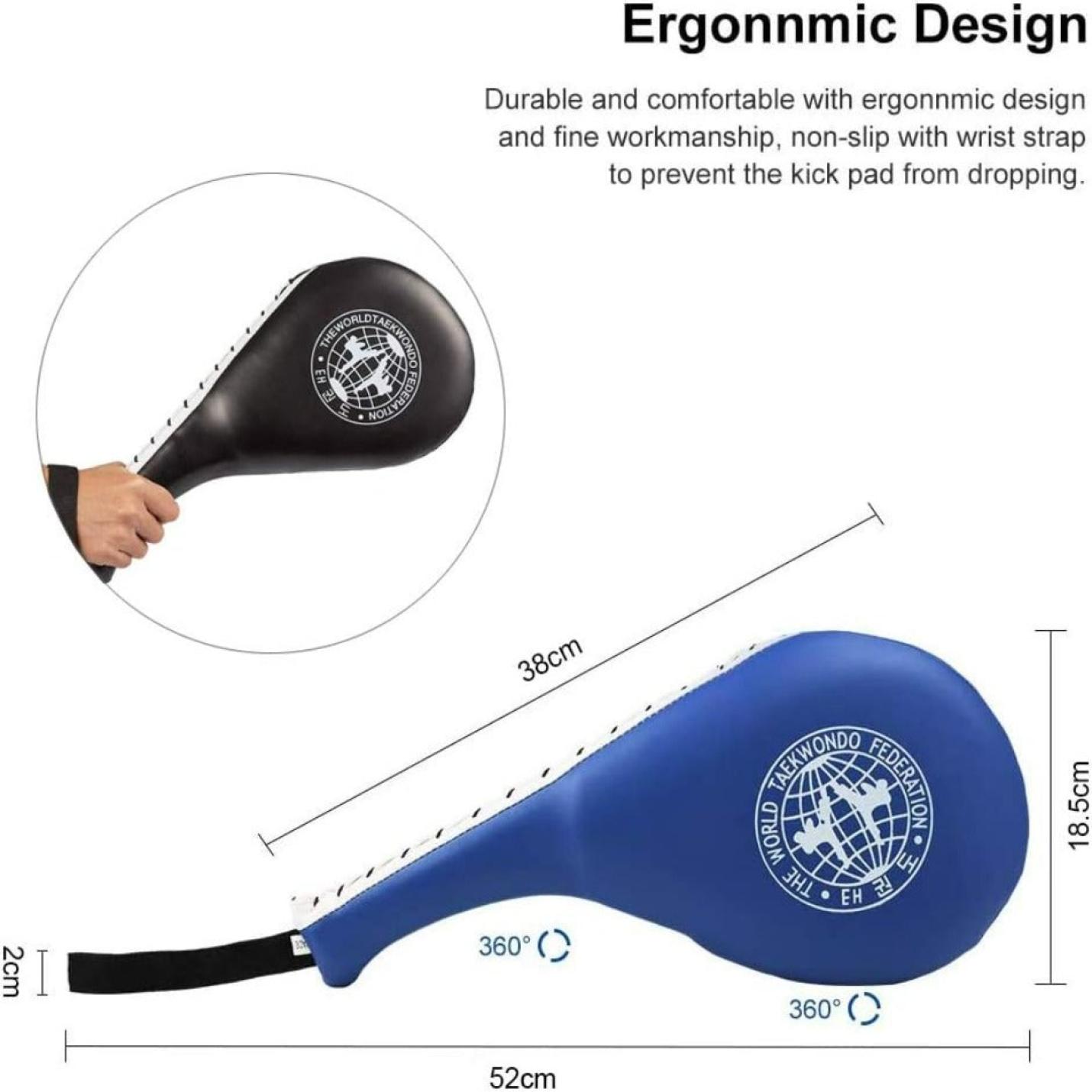 Een diagram dat de ergonomische ontwerpkenmerken van Ultieme-training met kickboxboks-pads voor de jeugd laat zien, met afmetingen en een hand die de grip ervan demonstreert.