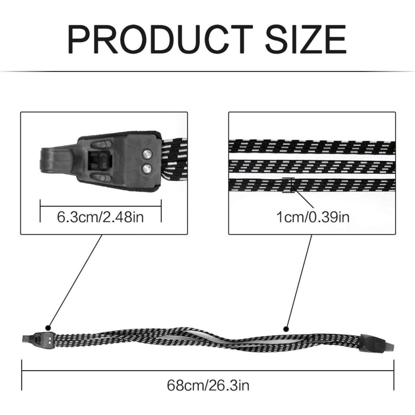 Illustratie van Snelbinders voor veiligheid en gemak in één afmeting met een gesp en een verstelbare riem voor bagage met afmetingen in centimeters en inches.