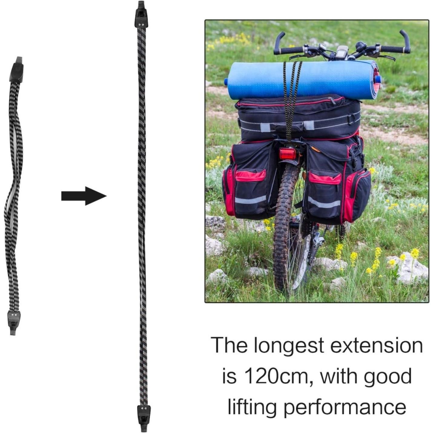 Trekkingstokken en een fiets met fietstassen en Snelbinders voor veiligheid en gemak in één aanduidingsuitrusting voor een buitenavontuur.