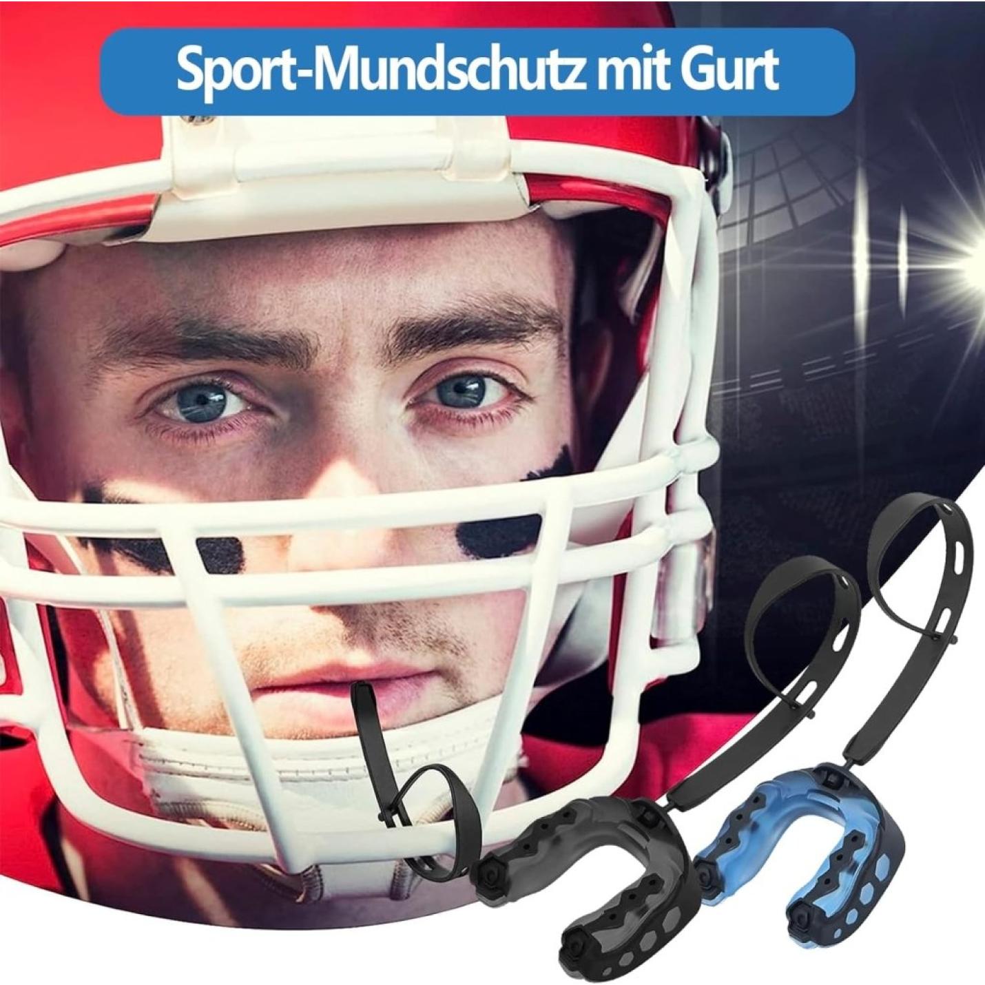 2 stuks mondbescherming, sportgebitsbeschermer met riem, voor American football, vechtsport, boksen, kickboksen, hockey, voetbal volwassenen (blauw zwart) - happygetfit.com