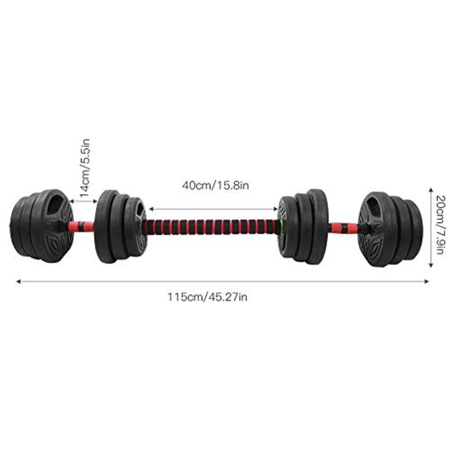 Train het hele lichaam met onze verstelbare dumbells met meerdere zwarte gewichten en rode markeringen, perfect voor jouw fitnessroutine, met maataanduidingen op een witte achtergrond.