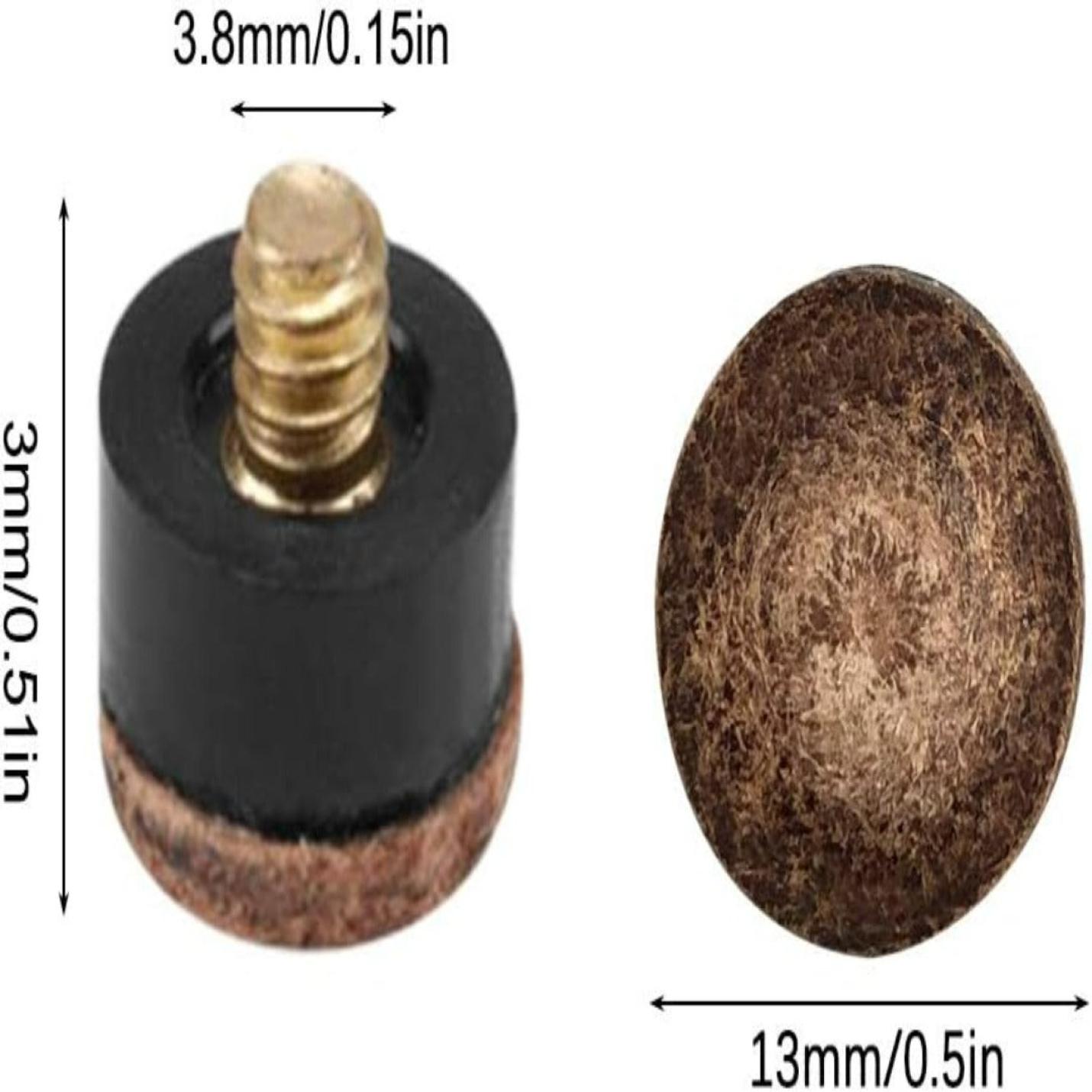 Ronde meubelpad met Perfecte schroeftips voor poolkeu's en het bovenaanzicht ervan, inclusief afmetingen.