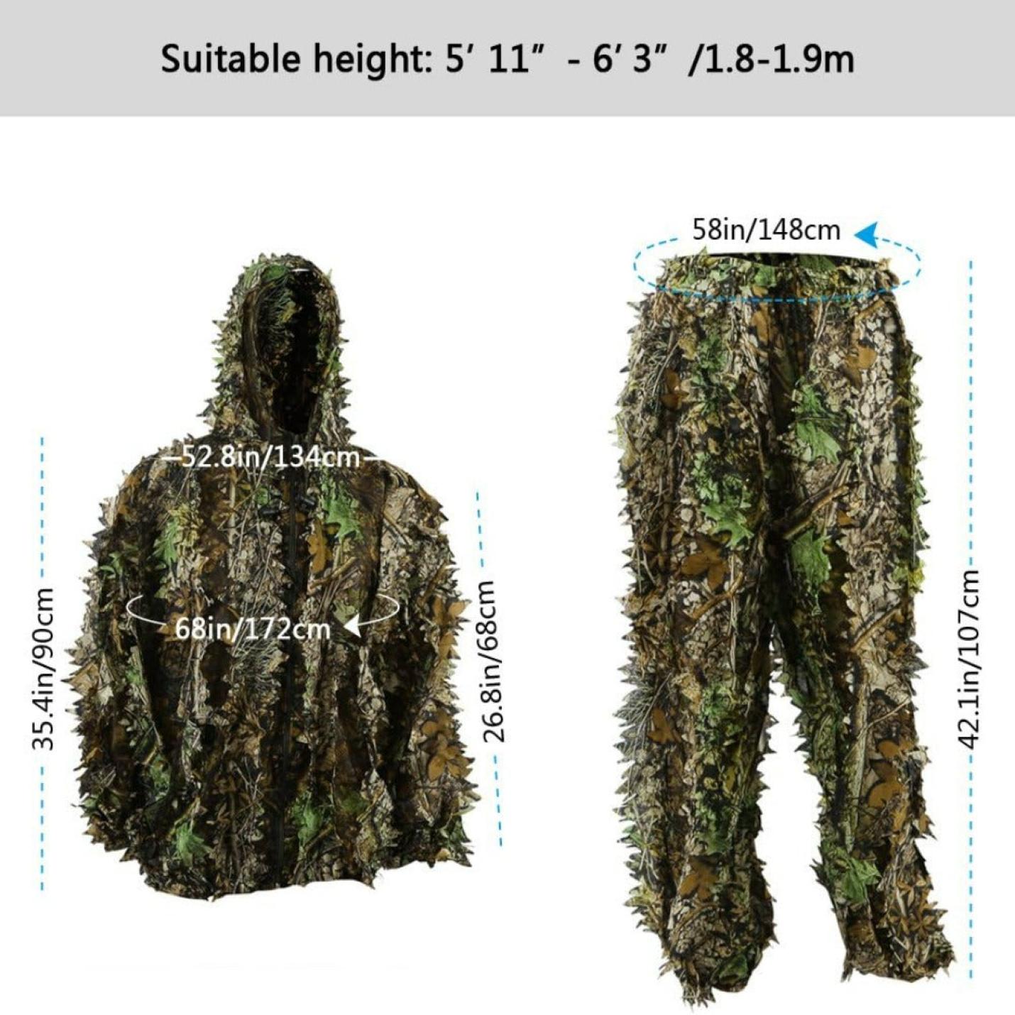 Afbeelding van een Ontdek het ultieme camouflagepak - Ghilliekostuum vervaardigd uit mesh-polyester, met gelabelde afmetingen, die de geschikte hoogte voor dragers en de afmetingen van de verschillende pakonderdelen aangeven.