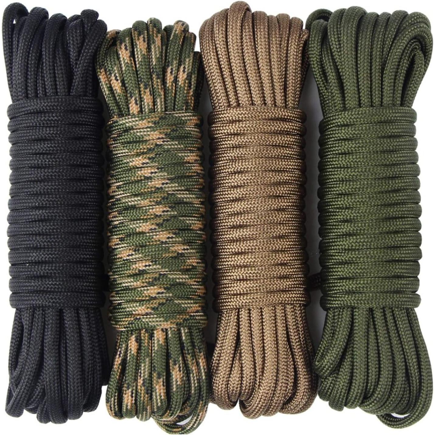 Vier spoelen van Haal het beste uit elke reis met ons duurzaam paracord van 6 meter in verschillende kleuren en patronen naast elkaar gerangschikt, perfect voor buitengebruik.