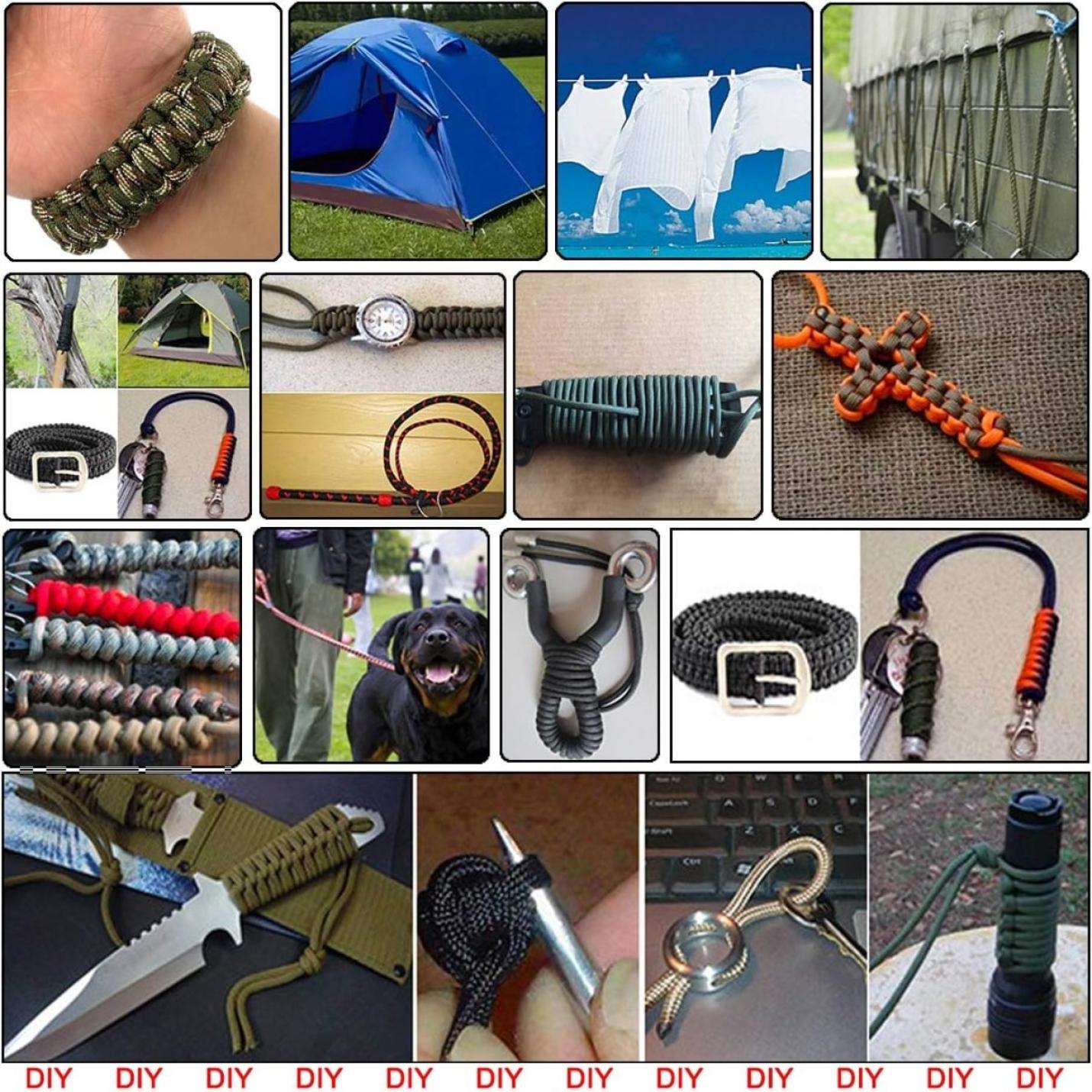 Een collage van verschillende survivaltools en outdoor DIY Haal het beste uit elke reis met ons duurzame paracord van 6 meter projecten, waaronder items als messen, een tent, een hond aangelijnd en handgemaakte armbanden.