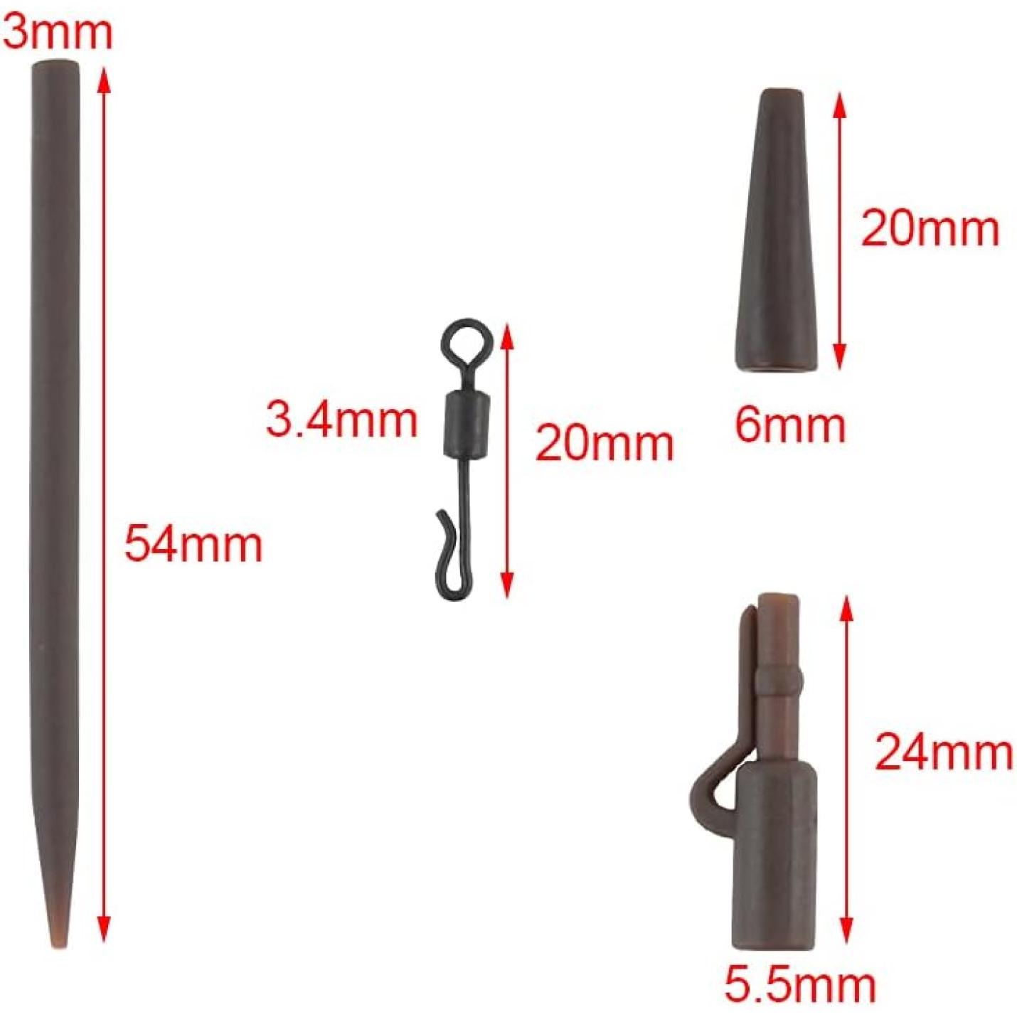 Diagram met de afmetingen van verschillende kleine metalen onderdelen, waaronder een pin, Ontdek de ultieme karpervissen-rig-set voor een succesvolle keuze., en een knevelsluiting.