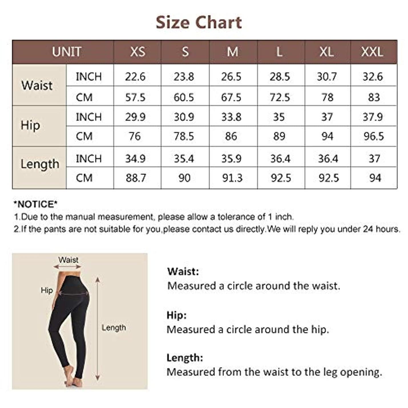 Maattabel voor Ervaar luxe comfort en stijl met onze yogabroek met zakken! met afmetingen voor taille, heup en lengte in inches en centimeters voor de maten xs tot en met xxl, met een diagram met de meetpunten. Deze broek heeft een ontwerp met hoge tailleband.