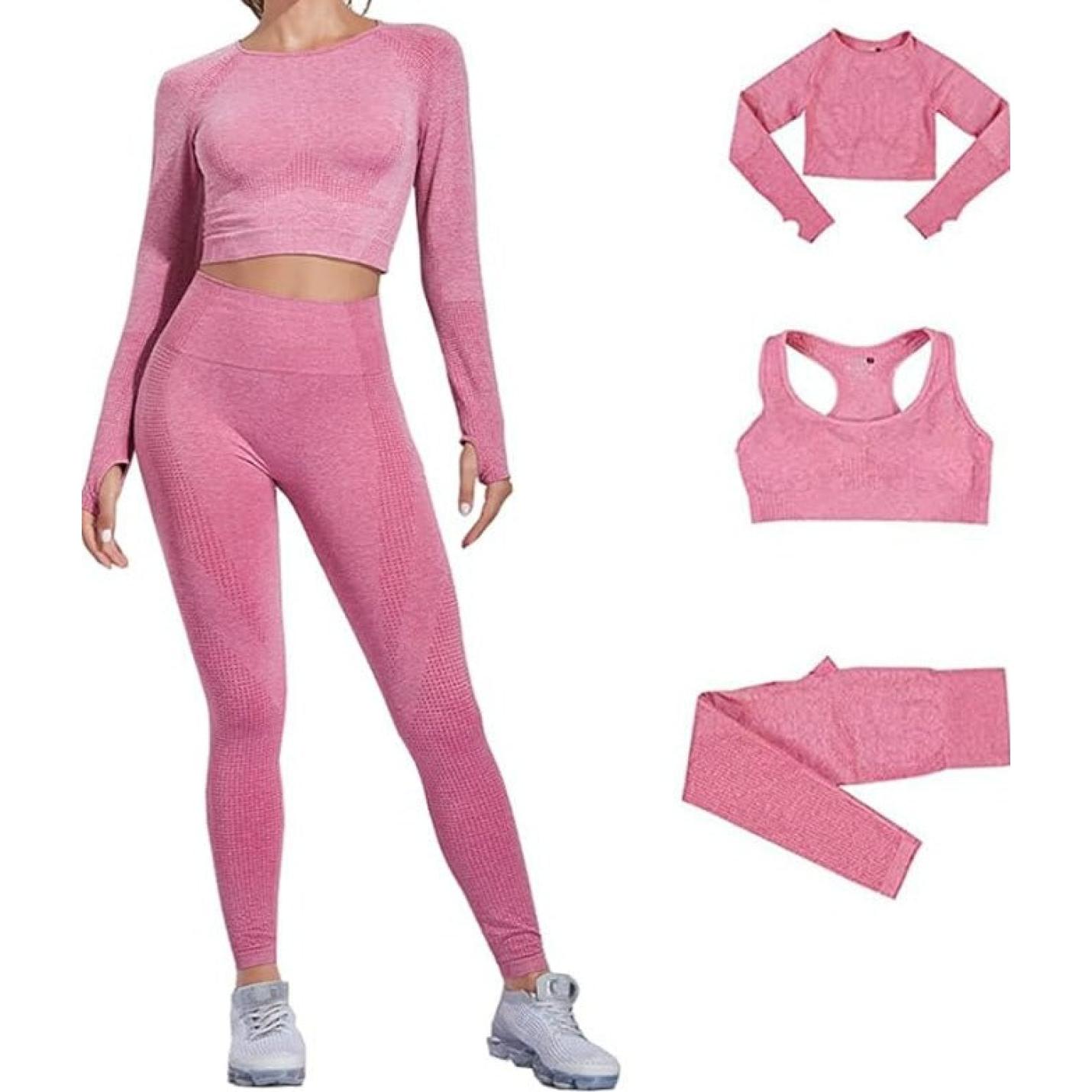 Een vrouw modelleert roze sportkleding, waaronder een naadloze legging met hoge taille, een crop-top, sport-bh en hoofdband, waarbij elk item apart wordt weergegeven.
Productnaam: Zie er geweldig uit en voel je geweldig in deze 3-delige yoga workoutset!