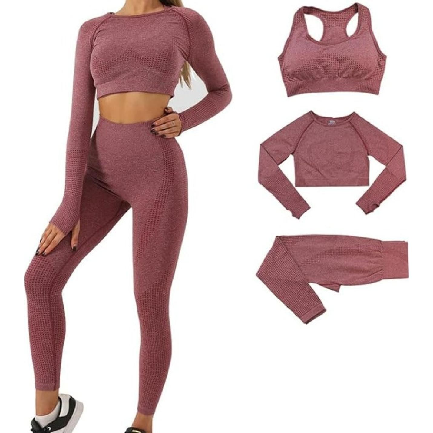 Zie er geweldig uit en voel je geweldig in deze 3-delige yoga workoutset, inclusief een opvallende legging met hoge taille, een sportkleding en twee stijlen tops.