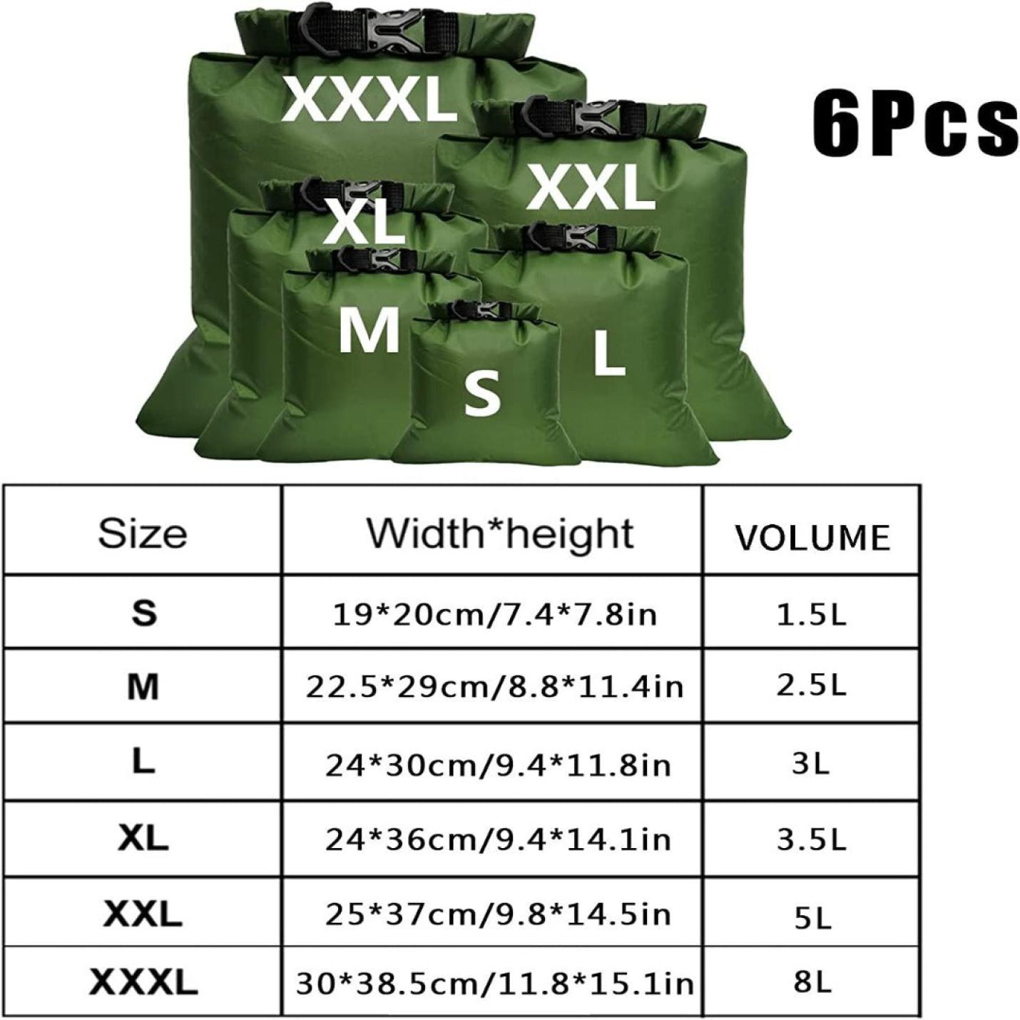 Set van zes Ga zorgeloos op avontuur met onze waterdichte zakken in verschillende maten met vermelde afmetingen en volumecapaciteit, perfect voor buitenactiviteiten.