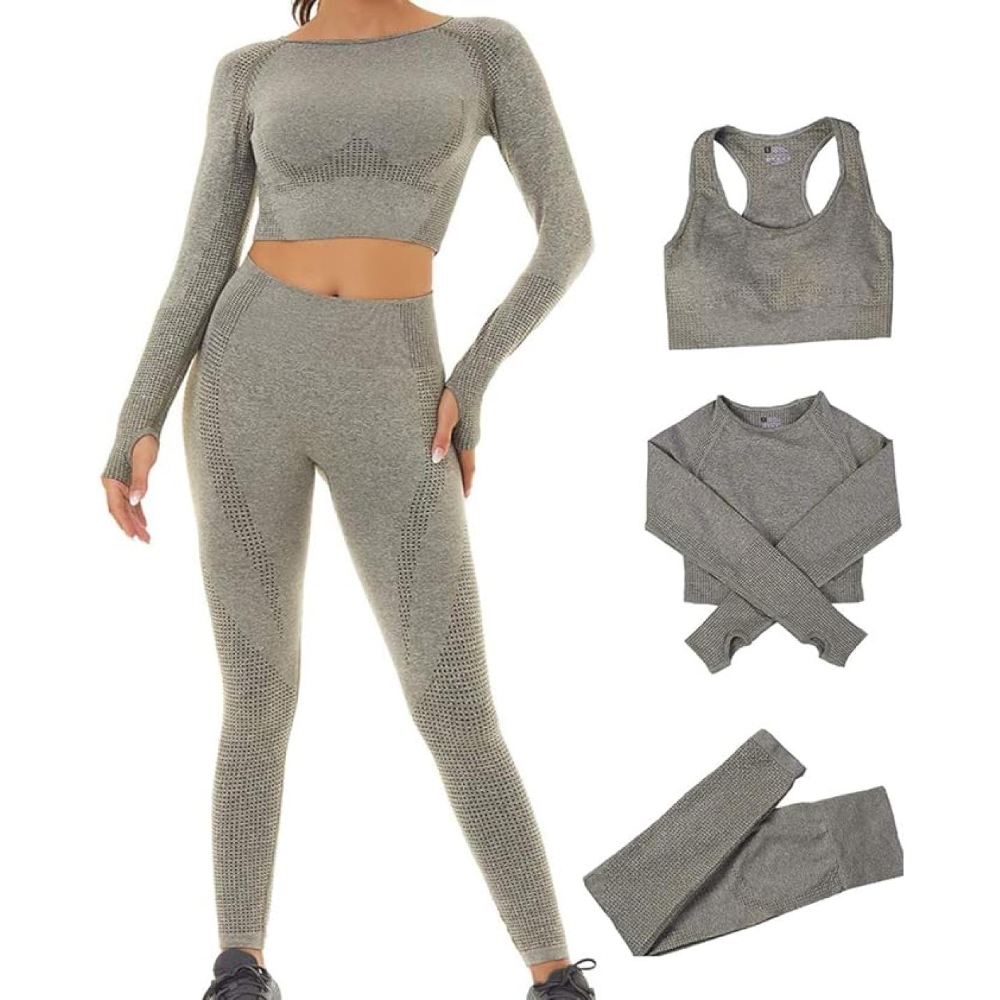 Zie er geweldig uit en voel je geweldig in de grijze gebreide sportkledingset met crop top, naadloze legging met hoge taille en armmouwen!