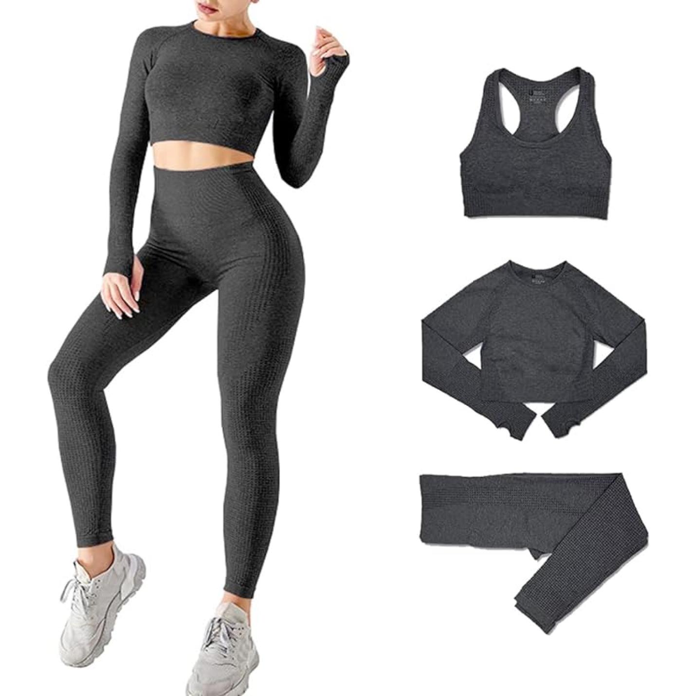 Collage van een vrouw die verschillende stukken van de Zie er geweldig uit en voel je geweldig modelleert in deze 3-delige yoga-workoutset, inclusief opvallende legging met hoge taille, crop top, sportbeha en top met lange mouwen.