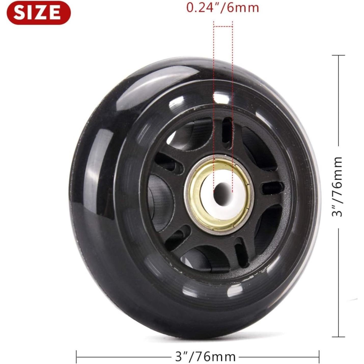 Zwart inline skatewiel met 84A hardheid en weergegeven afmetingen: diameter van 76 mm en dikte van 6,0 mm, geïsoleerd op een witte achtergrond.