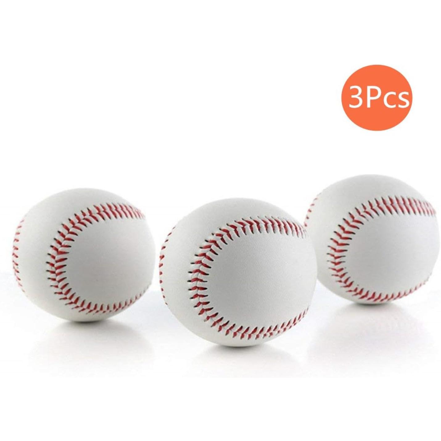 Drie witte Perfecte PVC honkballen trainingsballen met rode stiksels, op een rij weergegeven tegen een witte achtergrond, met het opschrift "3pcs.