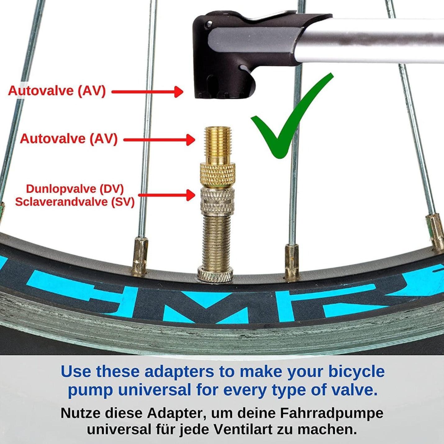 Afbeelding van een universele fietsventieladapter die compatibel is met zowel autovalve (av) als sclaverandvalve (sv) voor verschillende soorten fietsventielen. Verbeter je fietservaring met onze handige fietsventiel adapters