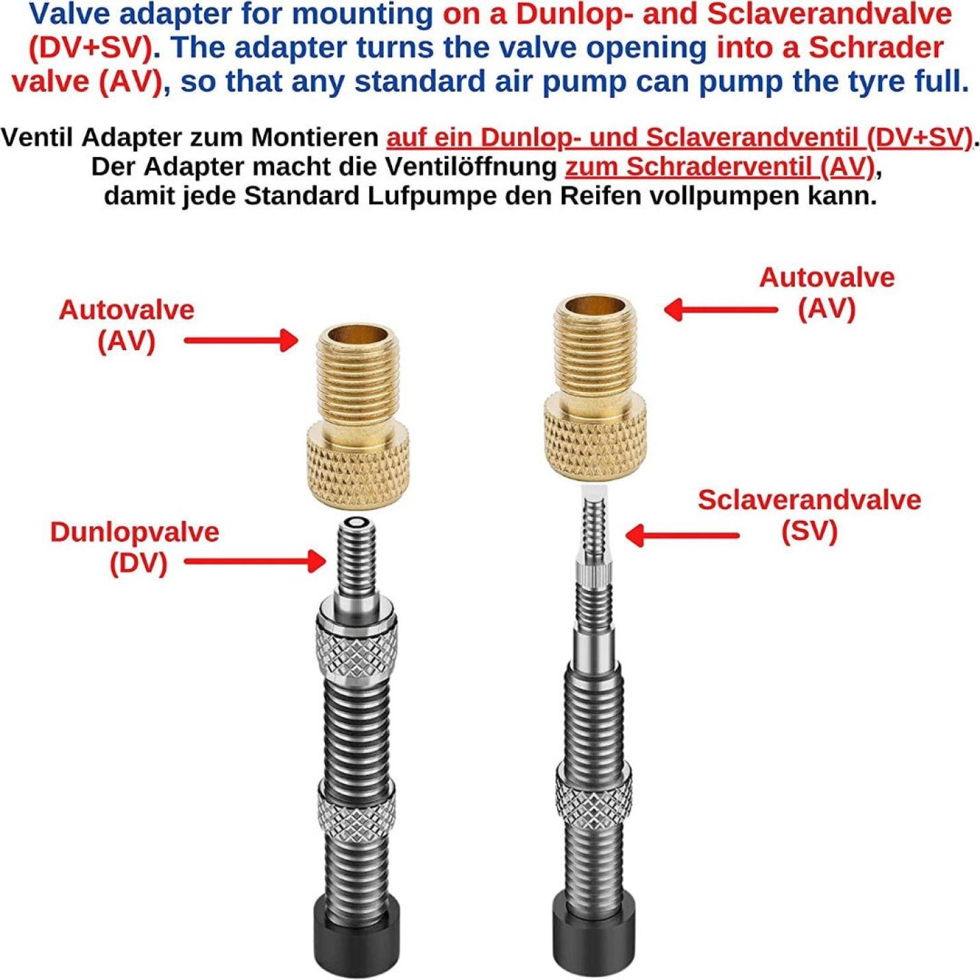 Illustratie van een klepadapter voor het ombouwen tussen dunlop-, presta- en schrader-kleptypes, wat de compatibiliteit aangeeft met standaard luchtpompen voor Verbeter je fietservaring met onze handige fietsventieladapters.