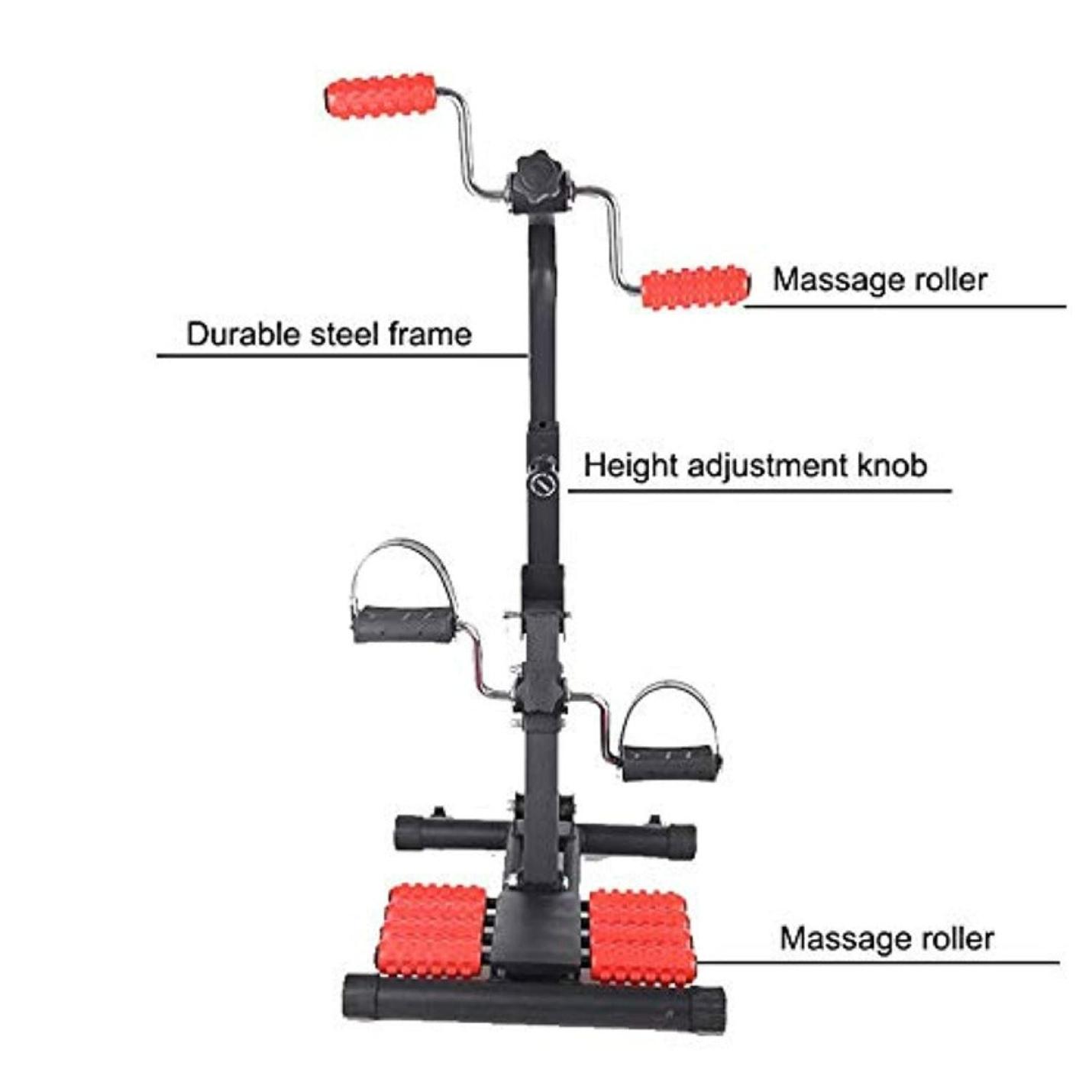 Fitnessapparaat met een duurzaam stalen frame, een hoogteverstelknop en twee massagerollen, één aan de basis en één aan het handvat, ideaal voor oefeningen met weinig impact.
Fysiotherapiemachine voor senioren: veilig en effectief trainen thuis