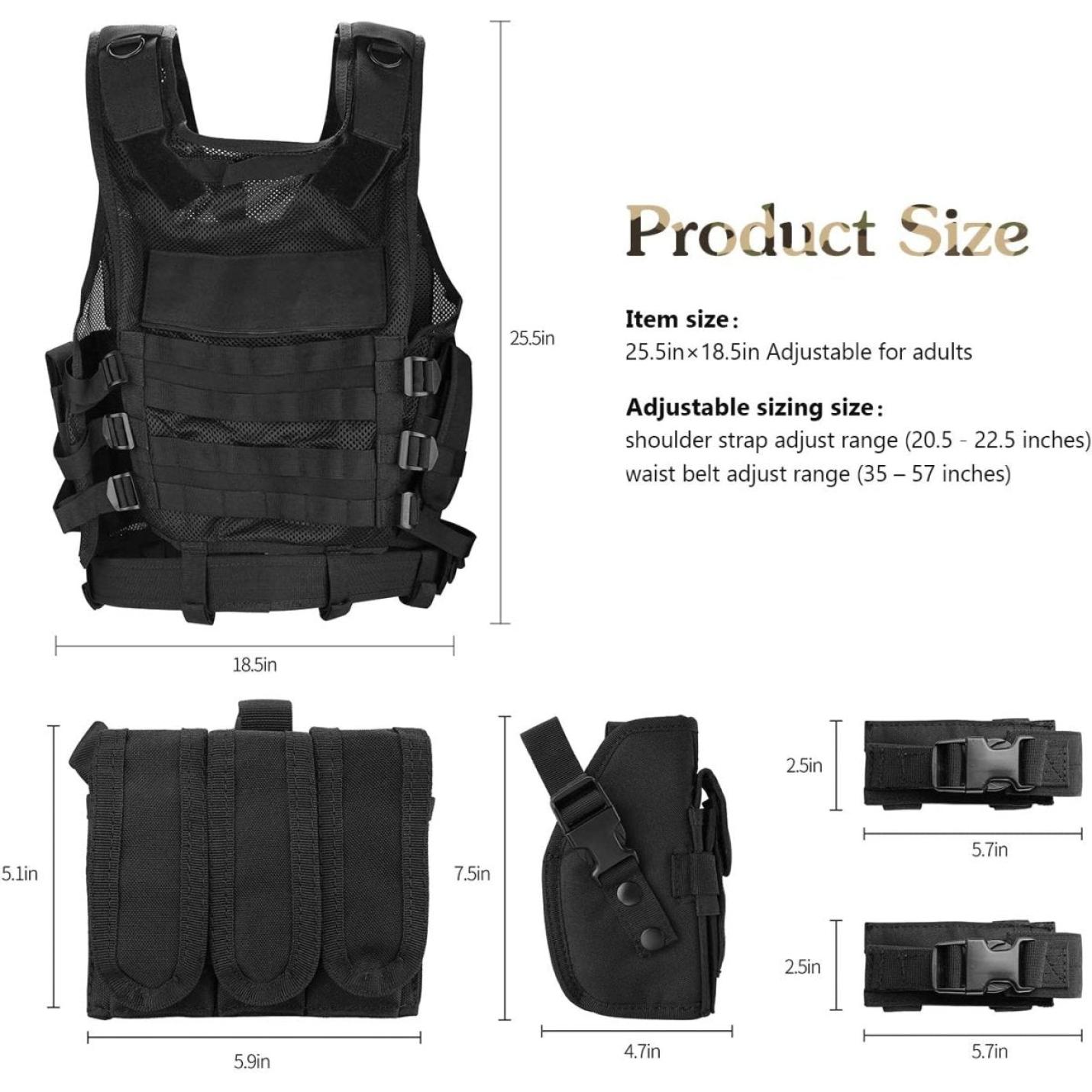 Zwart tactisch vest gemaakt van 600D polyester, weergegeven met afmetingen en verstelbare riemdetails voor volwassenen, vergezeld van individuele close-upafbeeldingen van de gespen en zakjes aan de zijkant. Tactisch vest: de ultieme uitrusting voor elke missie.