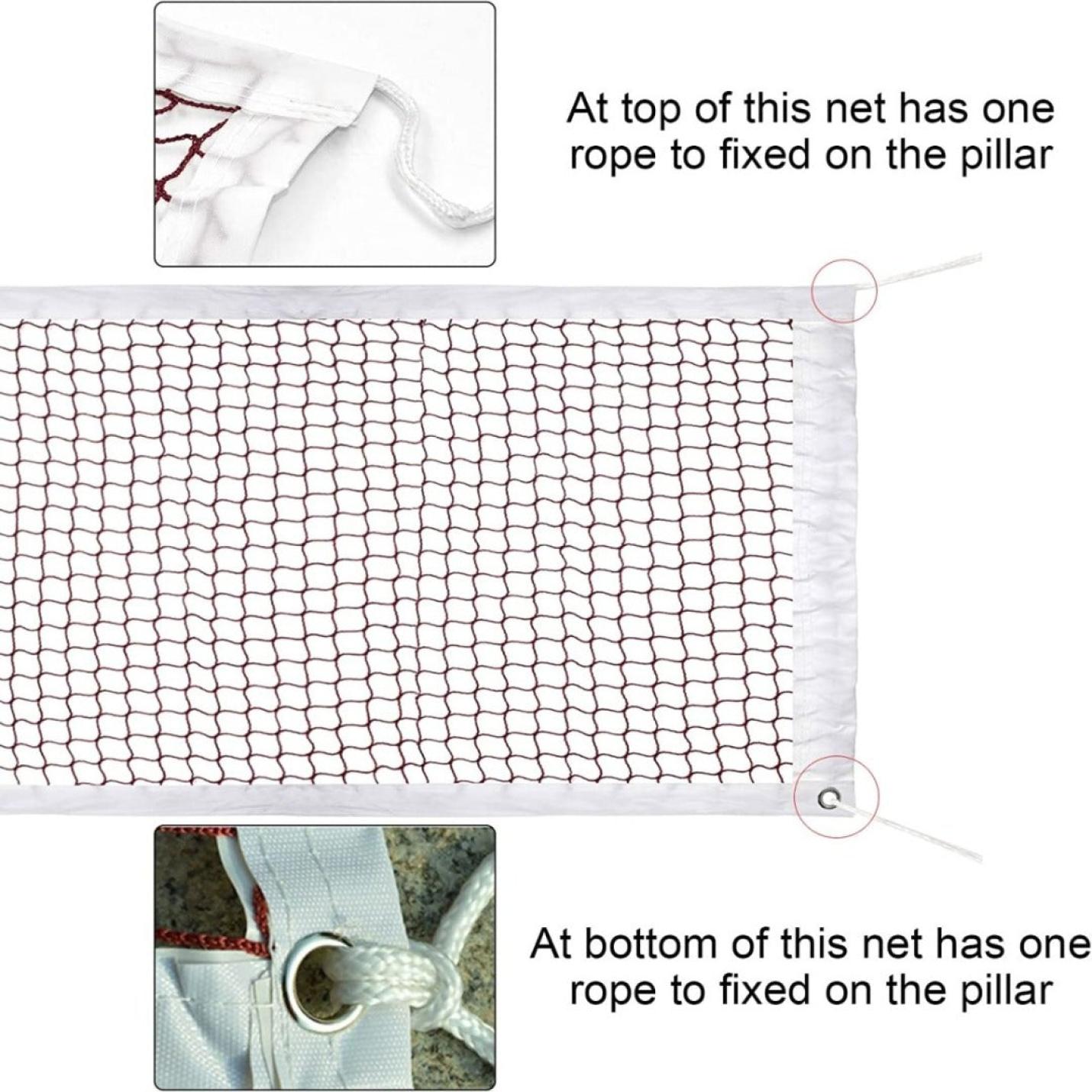 Boven- en onderaanzicht van een Verbeter je badmintonspel met het veelzijdige badmintonnet met bevestigingspunten met touwen vastgebonden aan metalen ringen, gemarkeerd door rode cirkels, met korte instructietekst.