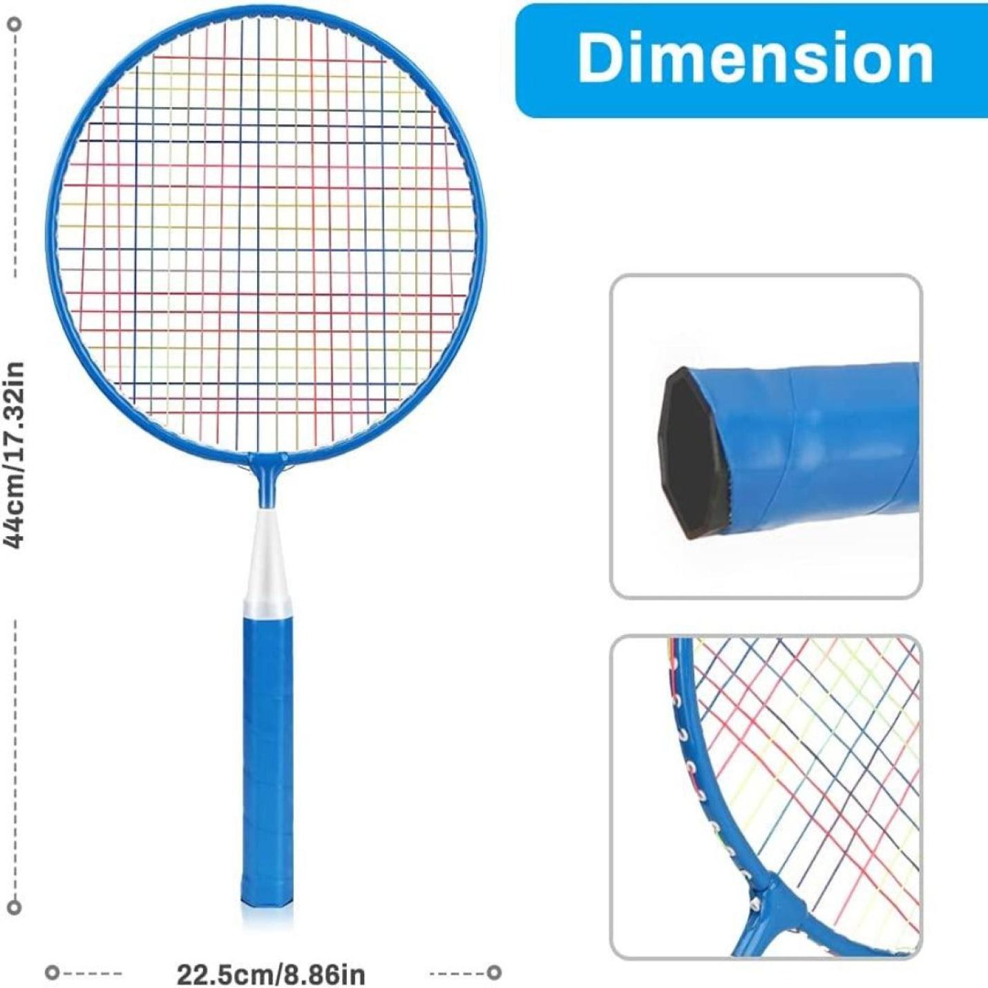 Badmintonracket met gemarkeerde afmetingen, presentatiehandvat, snaren en frame, inbegrepen in een duurzame speel overal en altijd met onze mobiele badmintonset voor kinderen met shuttles.