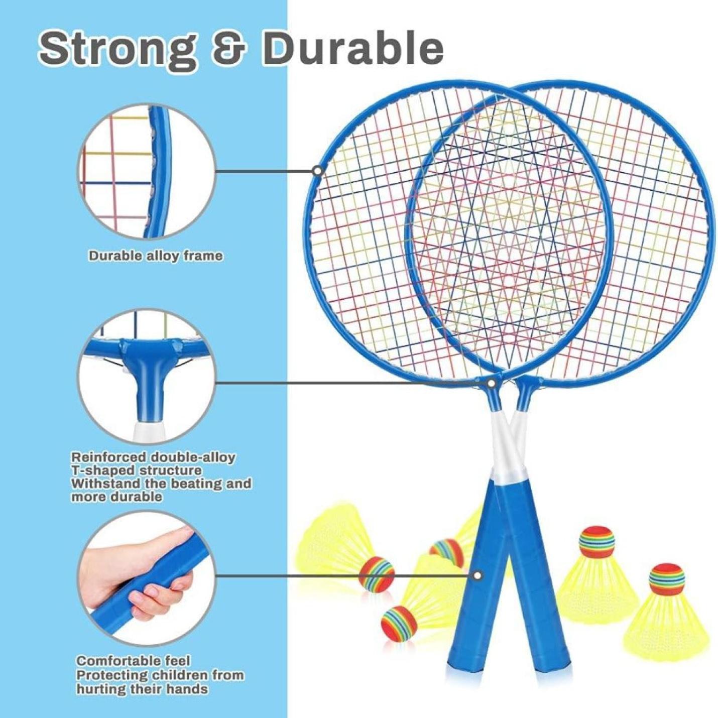 Speel overal en altijd met onze mobiele kinderbadmintonset voor kinderen met een duurzaam legeringsframe en een comfortabele grip, waterdichte door drie kleurrijke shuttles. Functies benadrukt versterkte dubbele t-verbinding en duurzaam snarenpatroon.