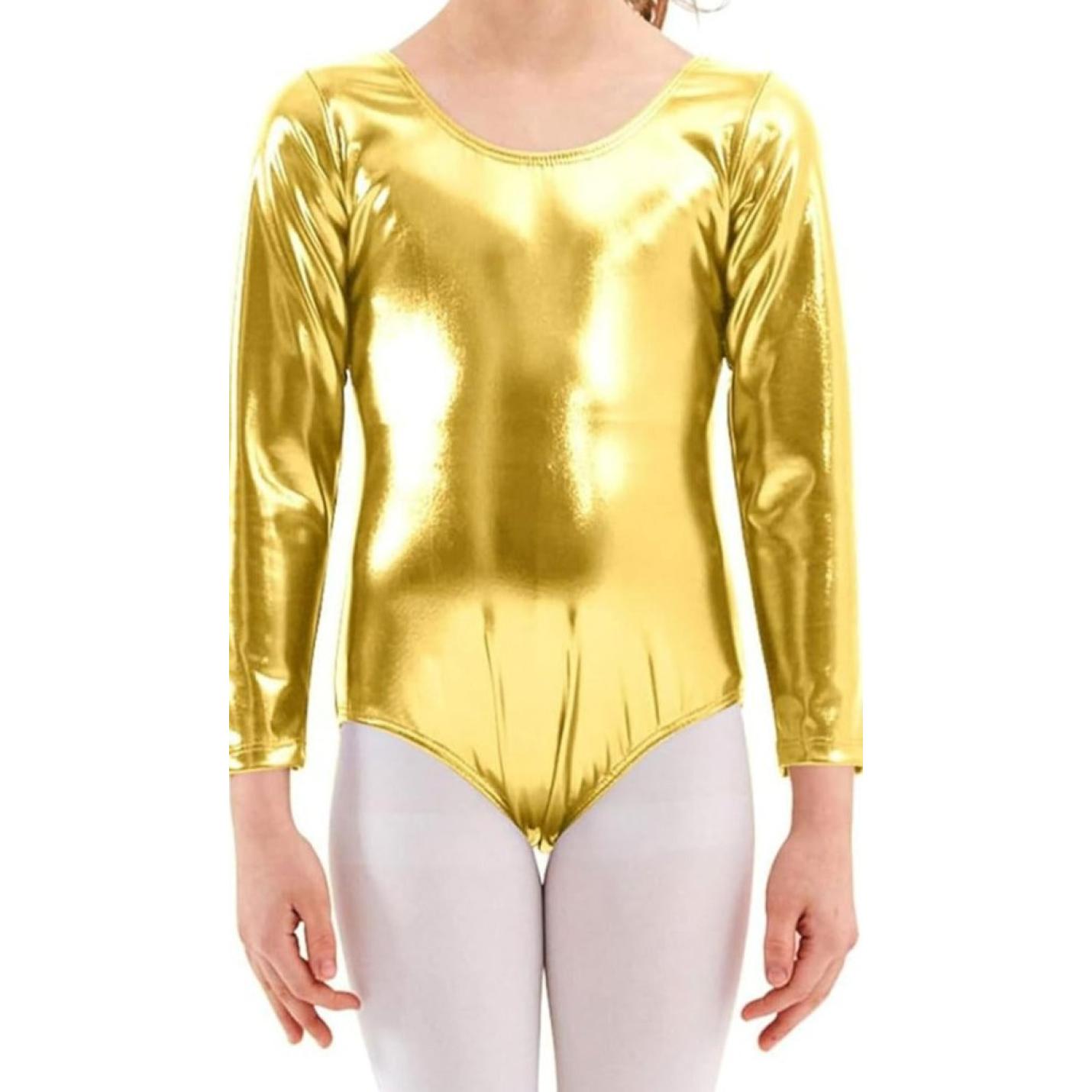 Een persoon die een glanzende gouden lange mouw draagt Dans met elegantie en comfort! en witte legging.