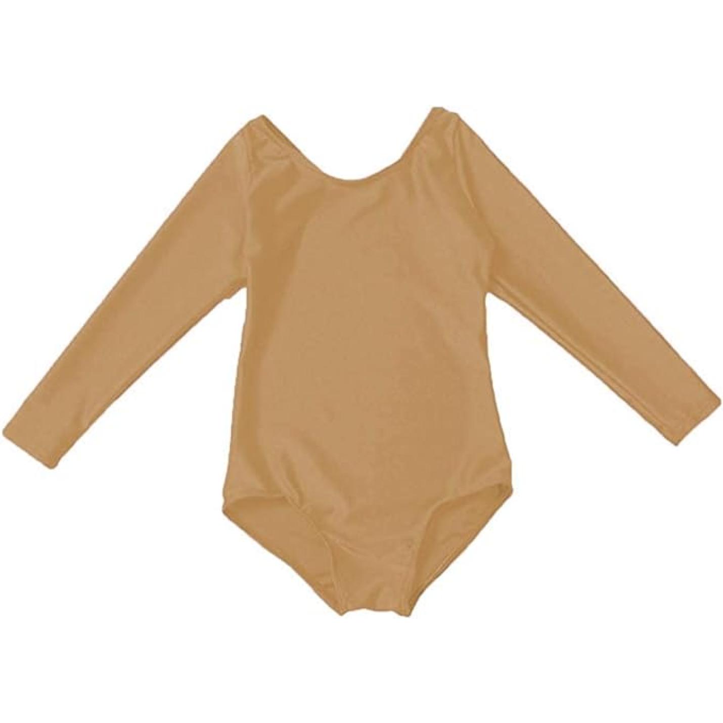 Een beige balletshirt met lange mouwen voor meisjes Dans met elegantie en comfort! geïsoleerd op een witte achtergrond.