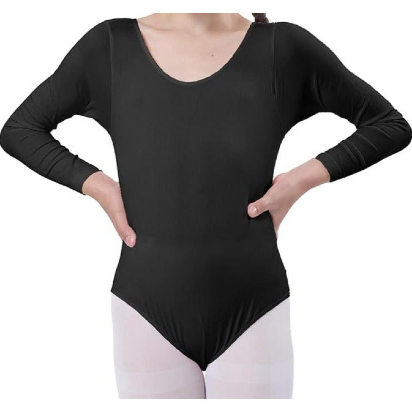 Vrouw draagt een zwart Balletshirt voor meisjes met lange mouwen en witte leggings: Dans met elegantie en comfort!