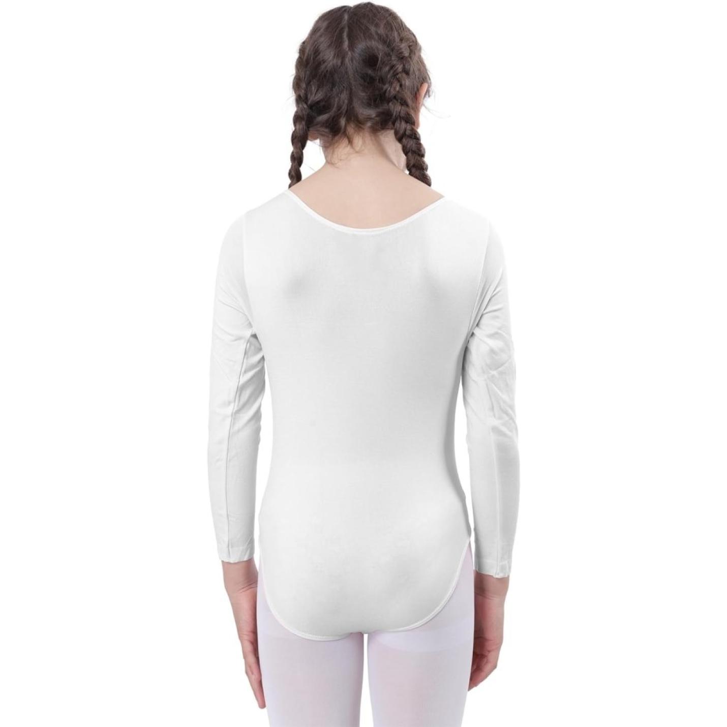 Vrouw draagt een witte lange mouwen Balletshirt voor meisjes: Dans met elegantie en comfort!, vanaf de achterkant bekeken.