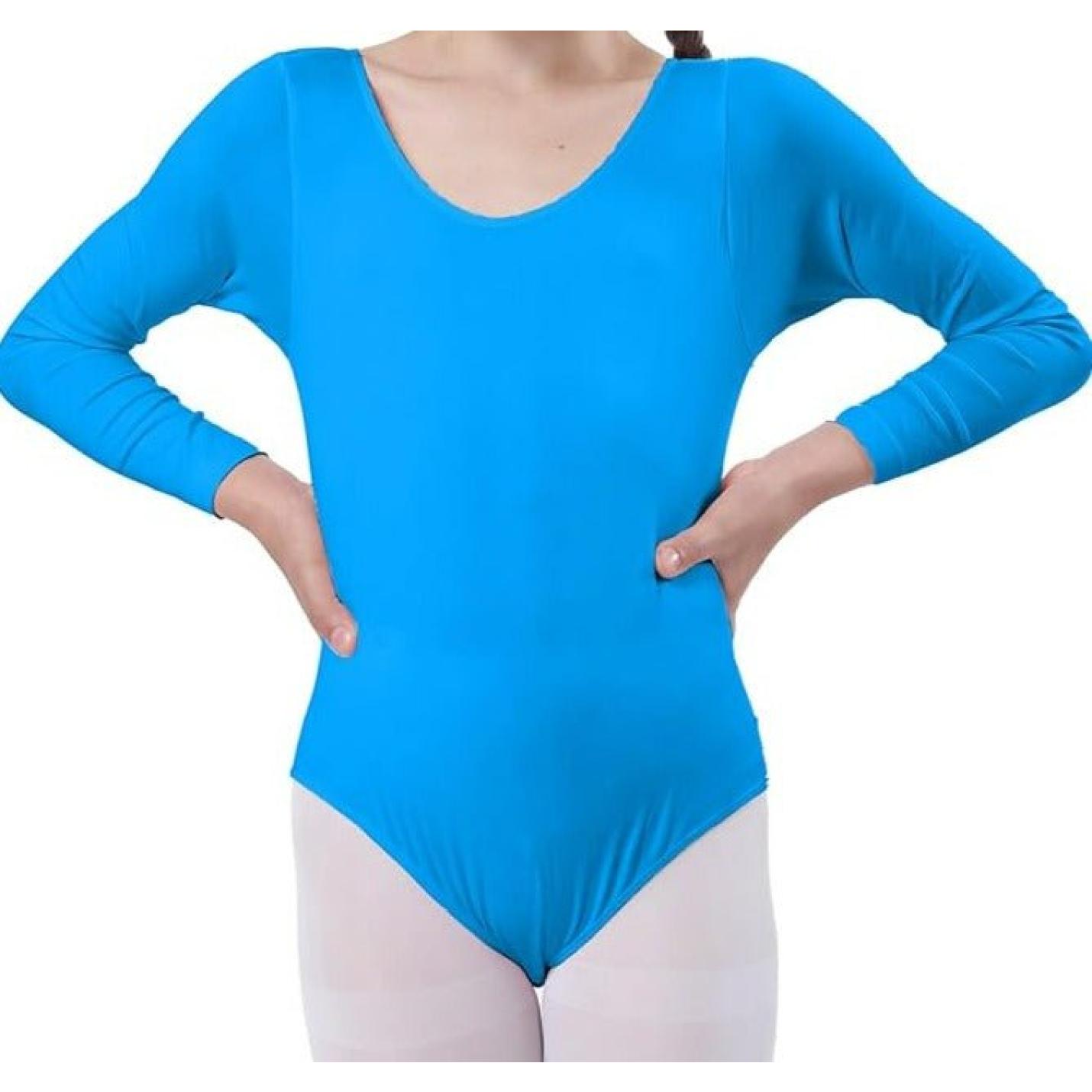 Een persoon die een blauw Balletshirt voor meisjes met lange mouwen en een diepe halslijn draagt, gecombineerd met een witte legging, staande met de handen op de heupen.
Productnaam: Balletshirt voor meisjes: Dans met elegantie en comfort!