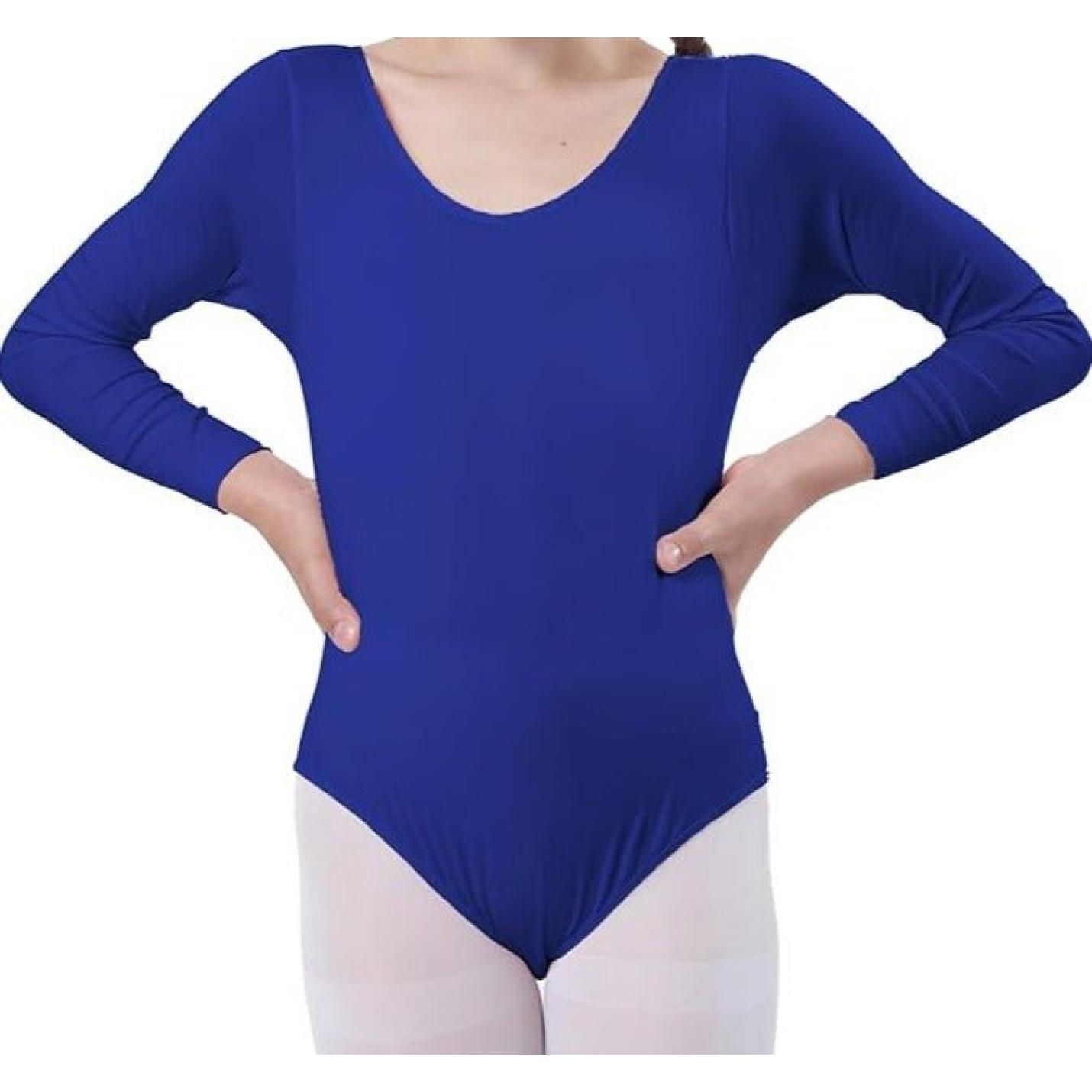 Vrouw draagt een blauw, lange mouwen balletshirt voor meisjes Dans met elegantie en comfort! ontmoette witte leggings.