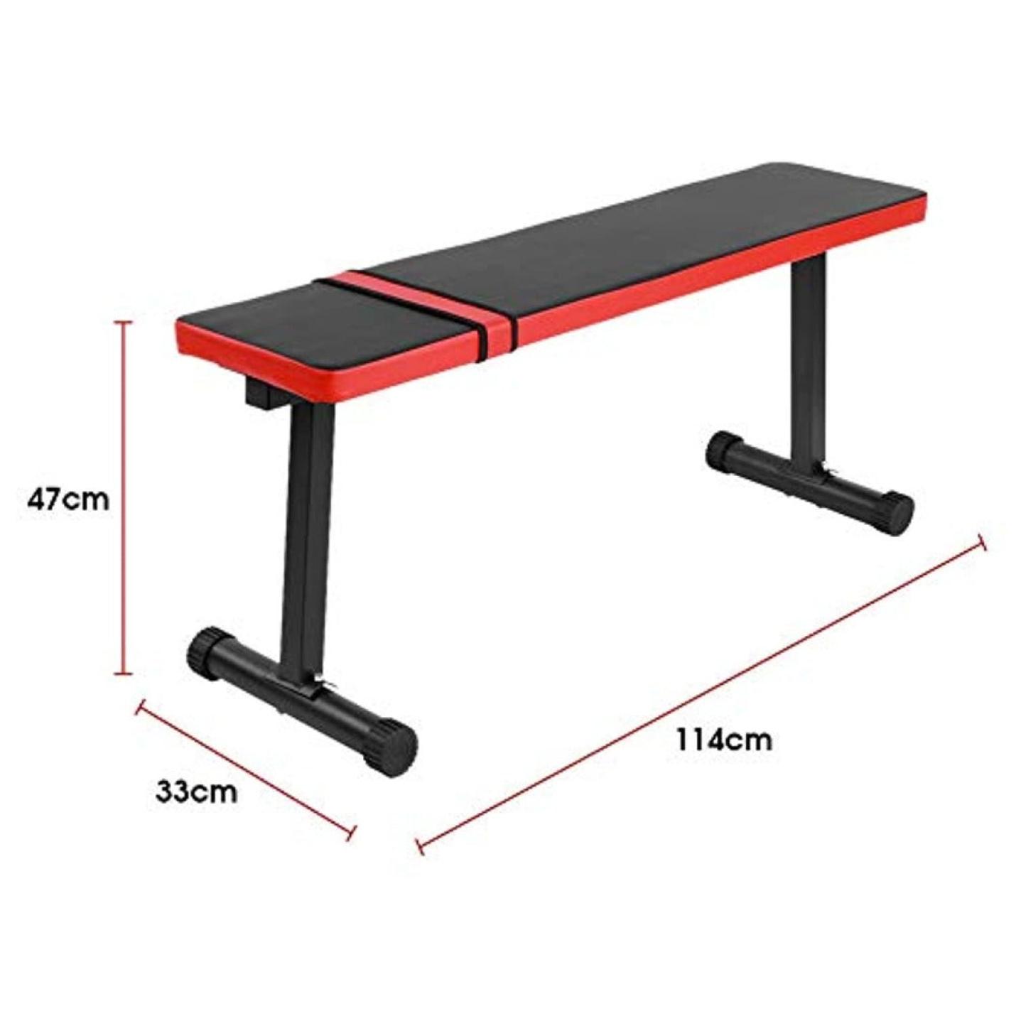 Rood en zwart Transformeer je lichaam met de multifunctionele halterbank met afmetingen gelabeld: hoogte 47 cm, lengte 114 cm, breedte 33 cm.