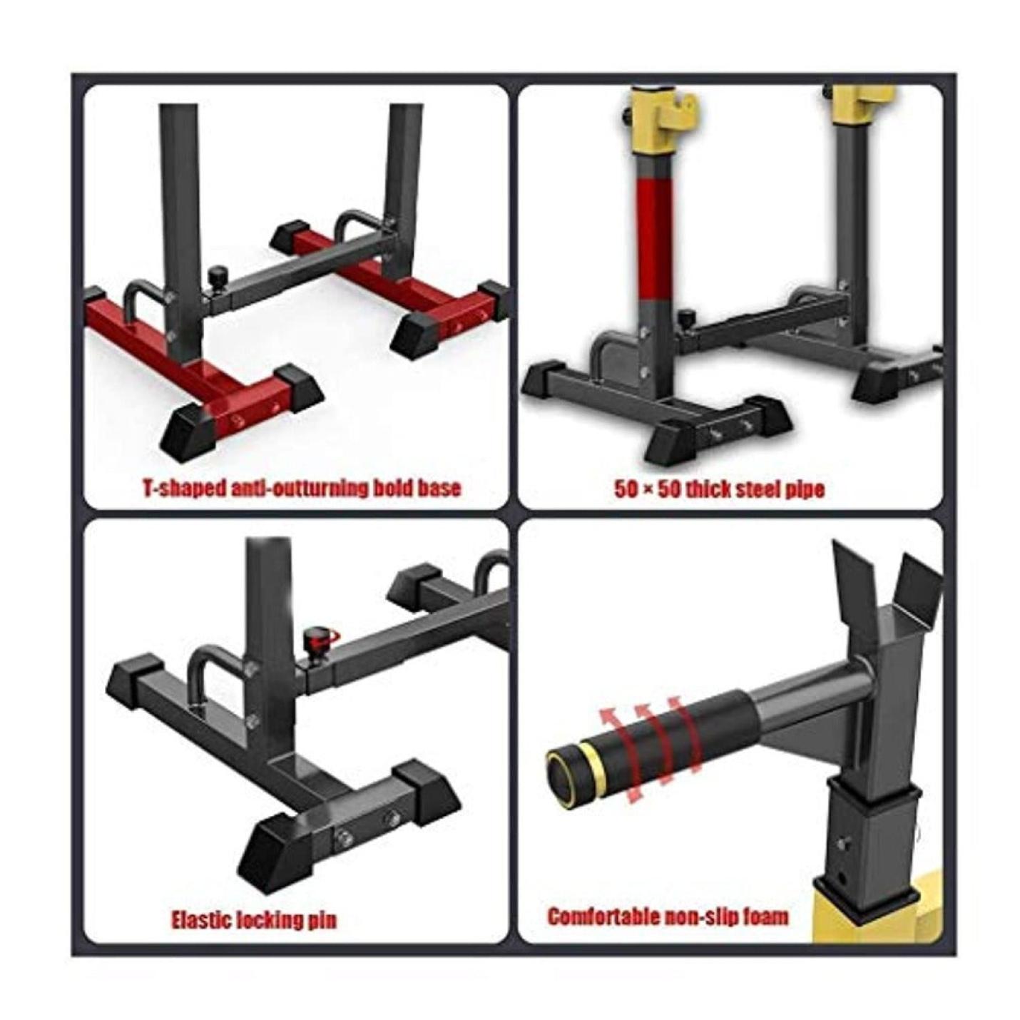 Afbeelding met vier panelen met kenmerken van een Krachtige workout die hier begint: Ontdek het verstelbare squatrek, inclusief een anti-draaibasis, dikke stalen buis, elastische borgpin en antislipschuimgreep met doordacht ontwerp.